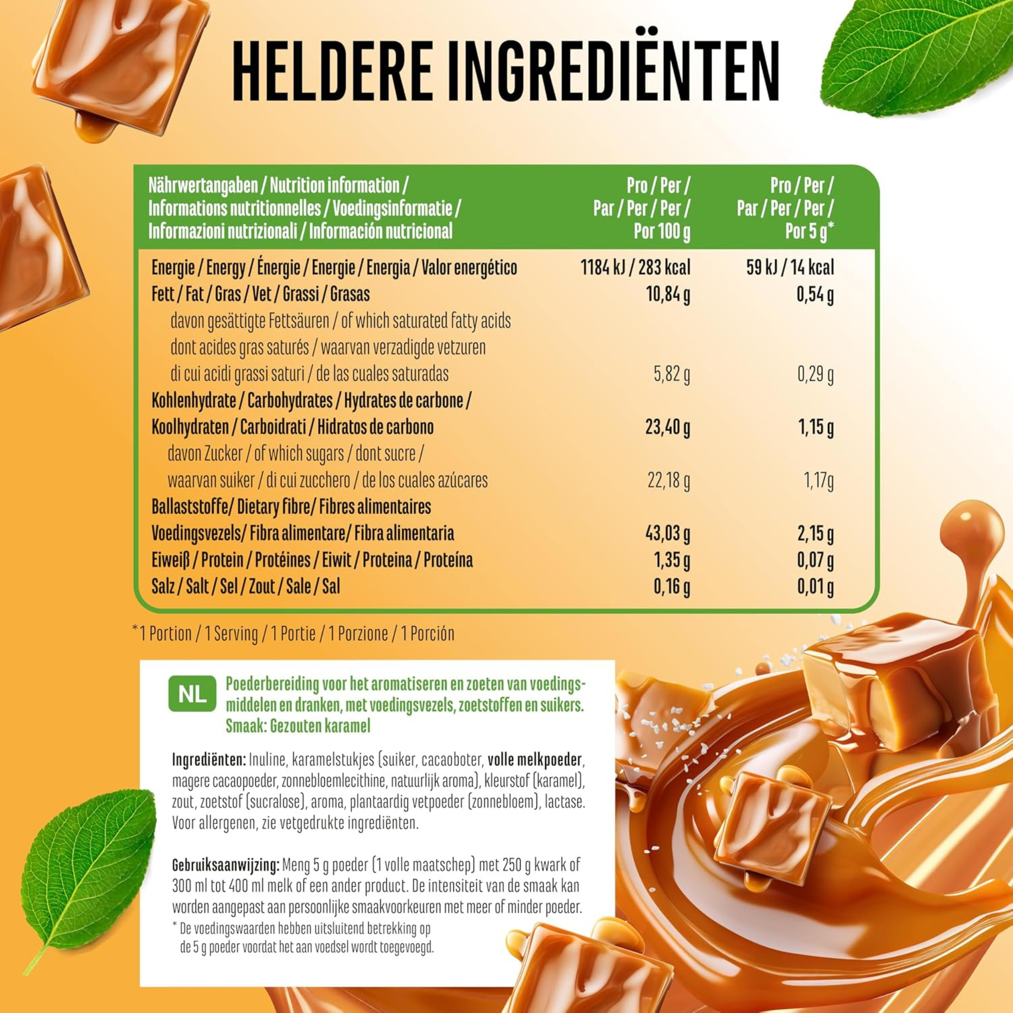 Voedingswaarden en ingrediënten Vit4ever Flavor Craft Gezouten karamel smaakpoeder 250 g