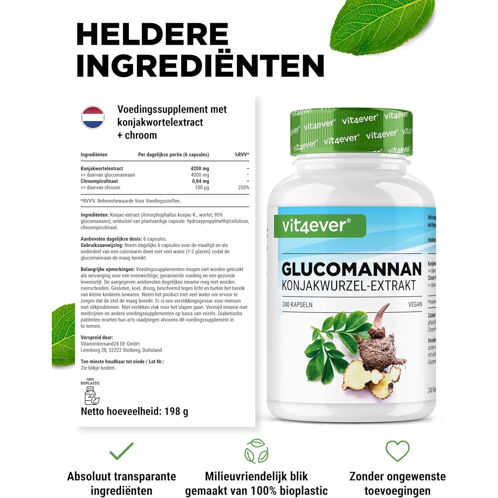 Hoge zuiverheid van Vit4ever glucomannan capsules, 100% vegan en vrij van ongewenste toevoegingen