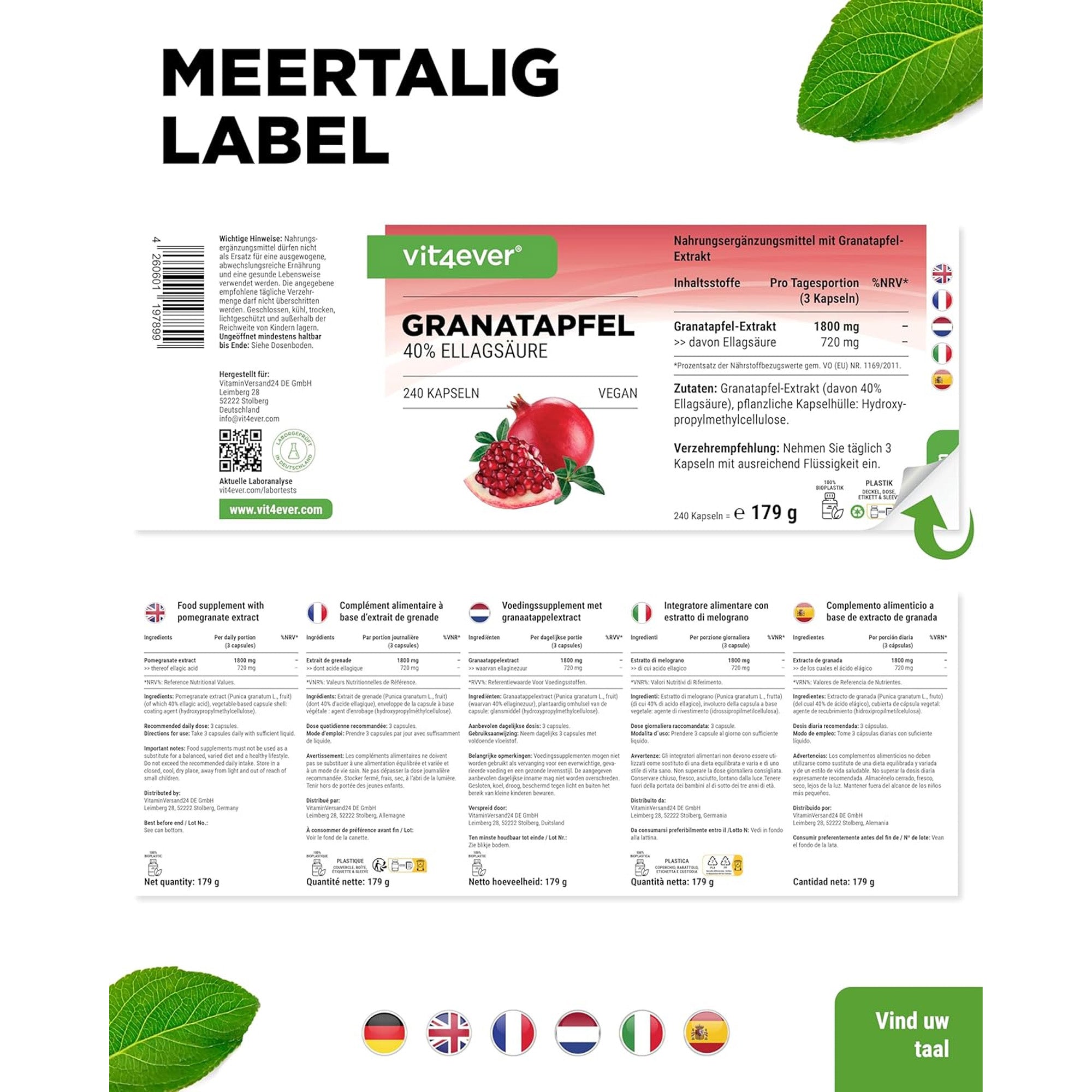 Granatapfelextrakt (40 % Ellagsäure) 600 mg | 240 Kapseln | Vit4ever