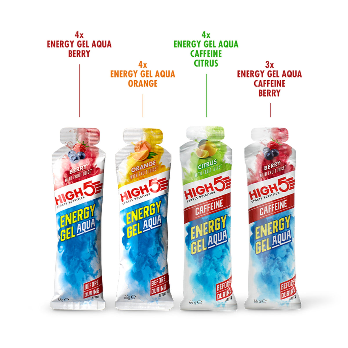 Inhoud HIGH5 Energy Gel Aqua Mixed Pack - 4x Berry, 4x Orange, 4x Caffeine Citrus en 3x Caffeine Berry energiegels