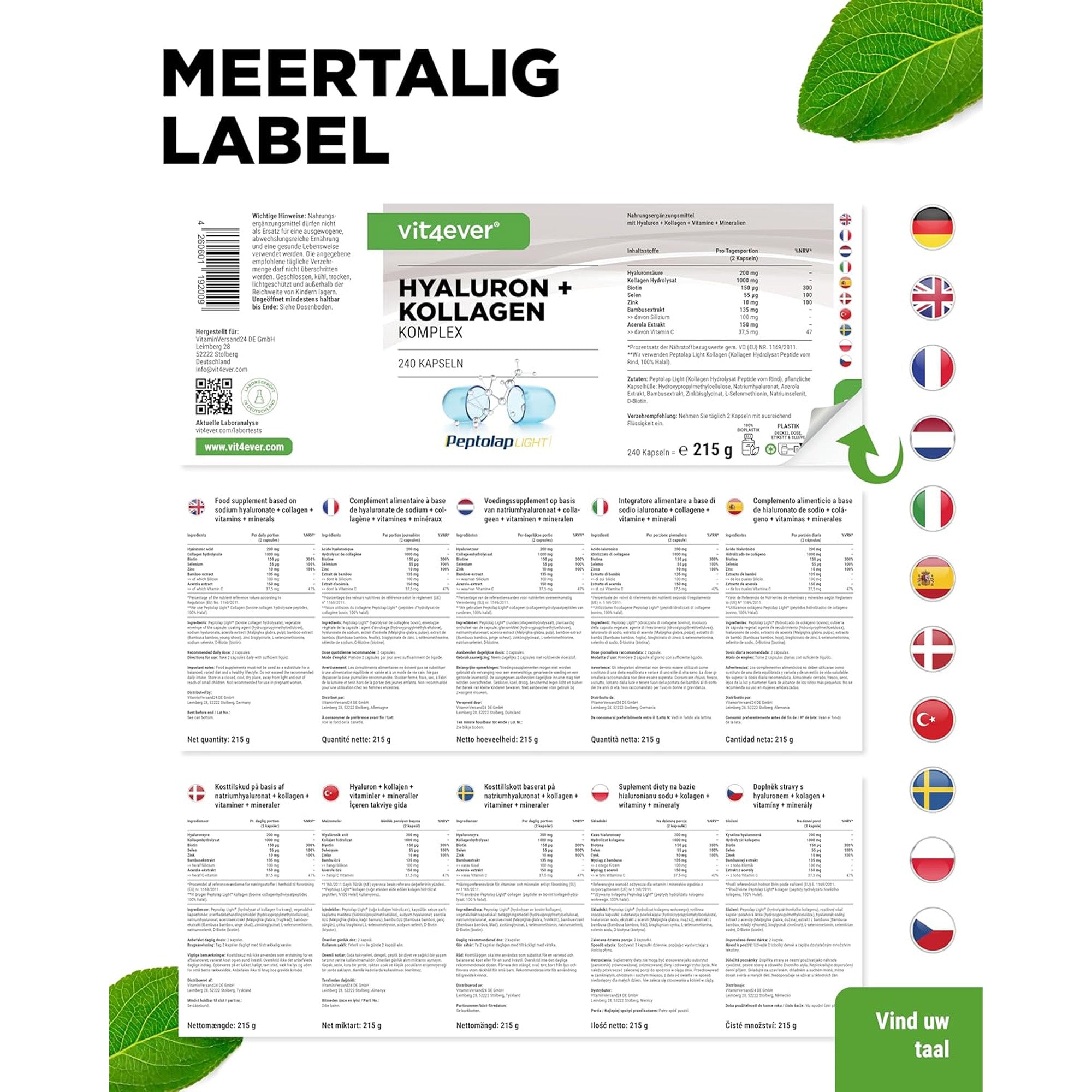 Hyaluronzuur Collageen Complex | 240 capsules | Vit4ever