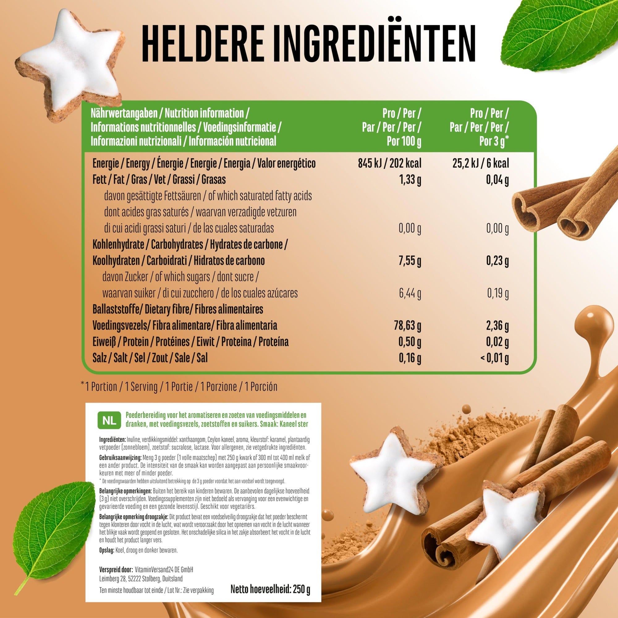Voedingswaarden en ingrediënten Vit4ever Flavor Craft Kaneelster smaakpoeder 250 g