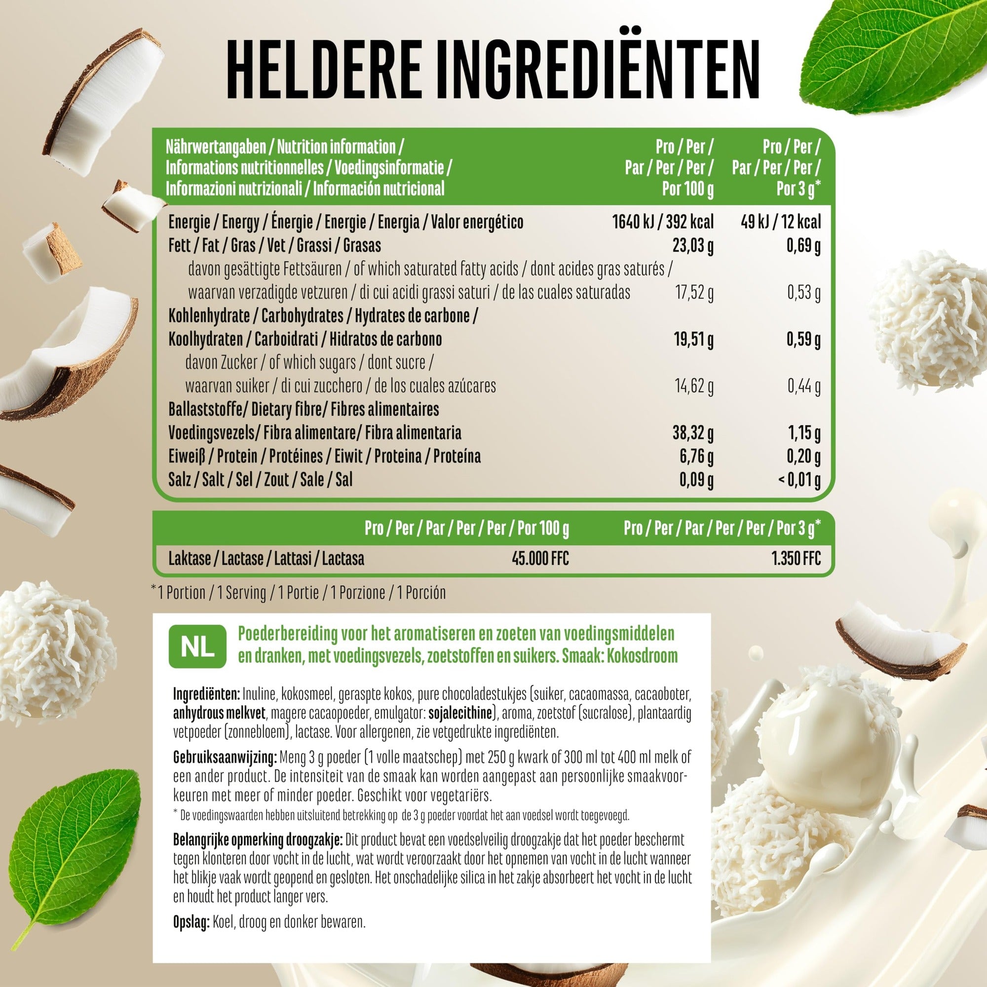 Voedingswaarden en ingrediënten Vit4ever Flavor Craft Kokosdroom smaakpoeder 250 g