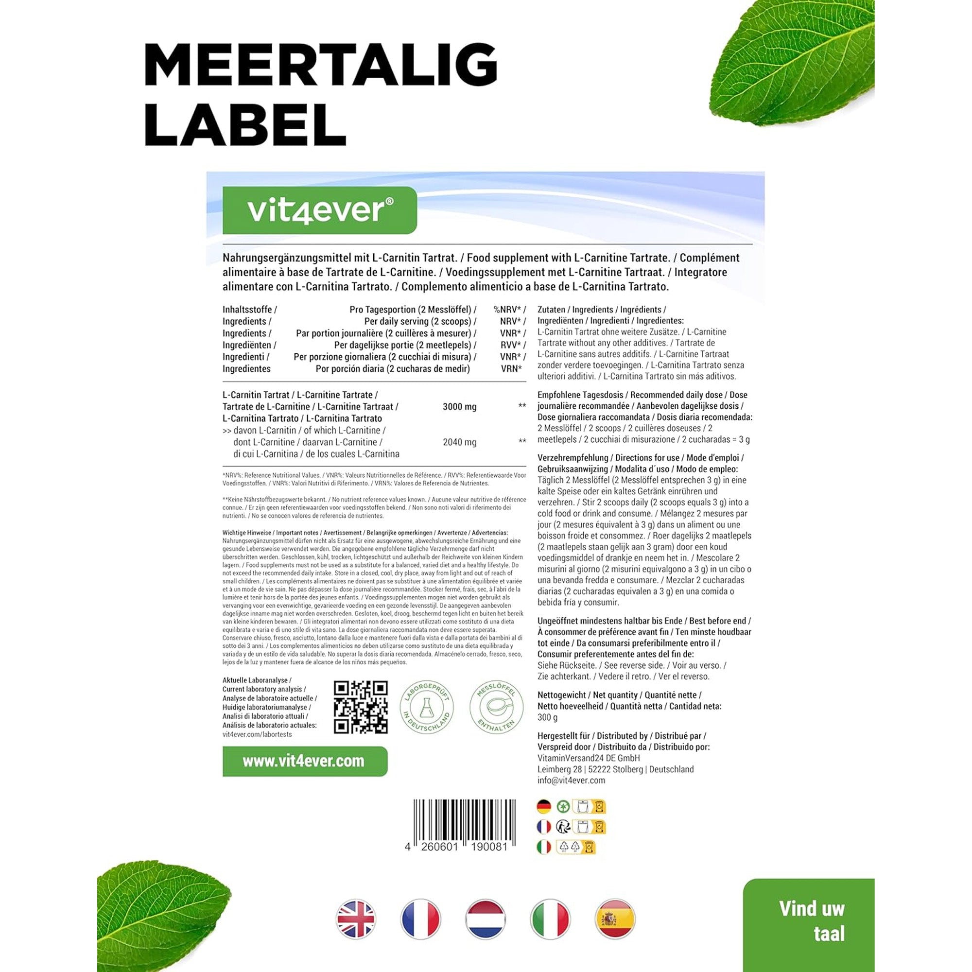 L-Carnitine Poeder | 300g | Vit4ever