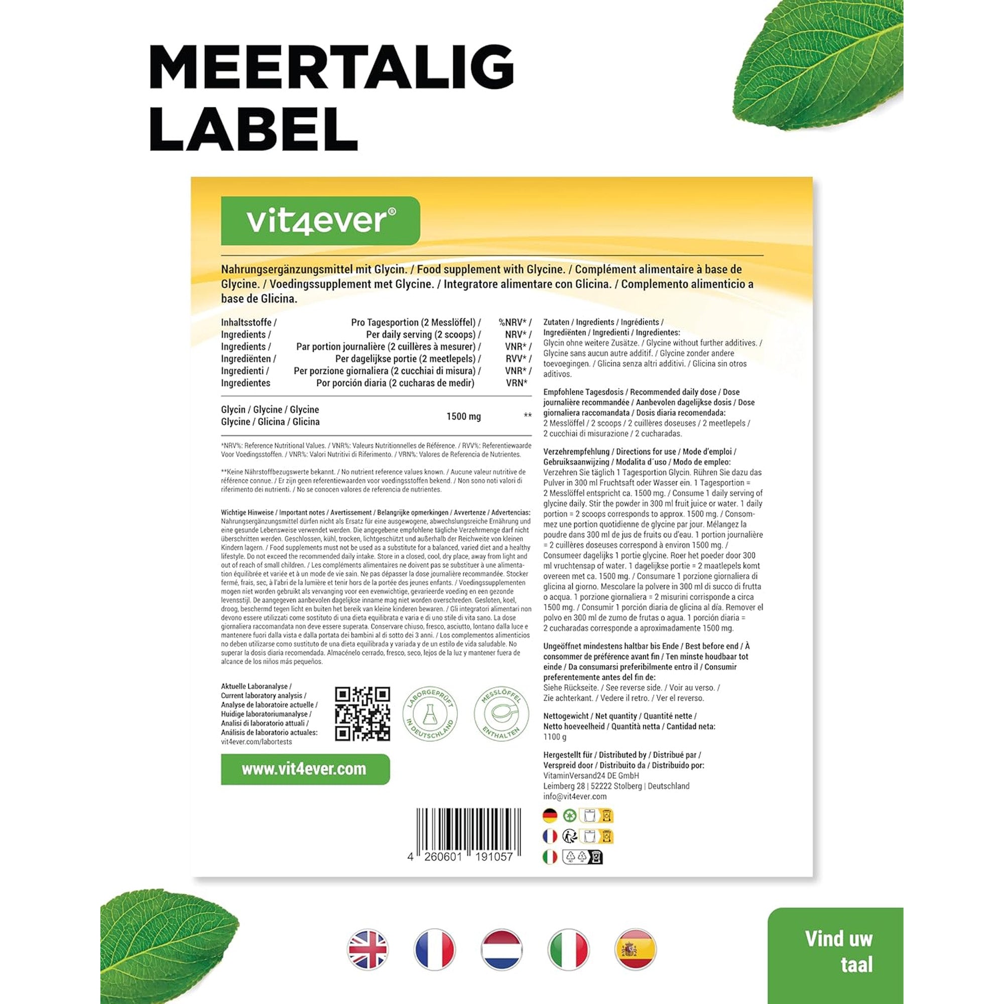 Glycine poeder 100% puur | 1,1kg | Vit4ever