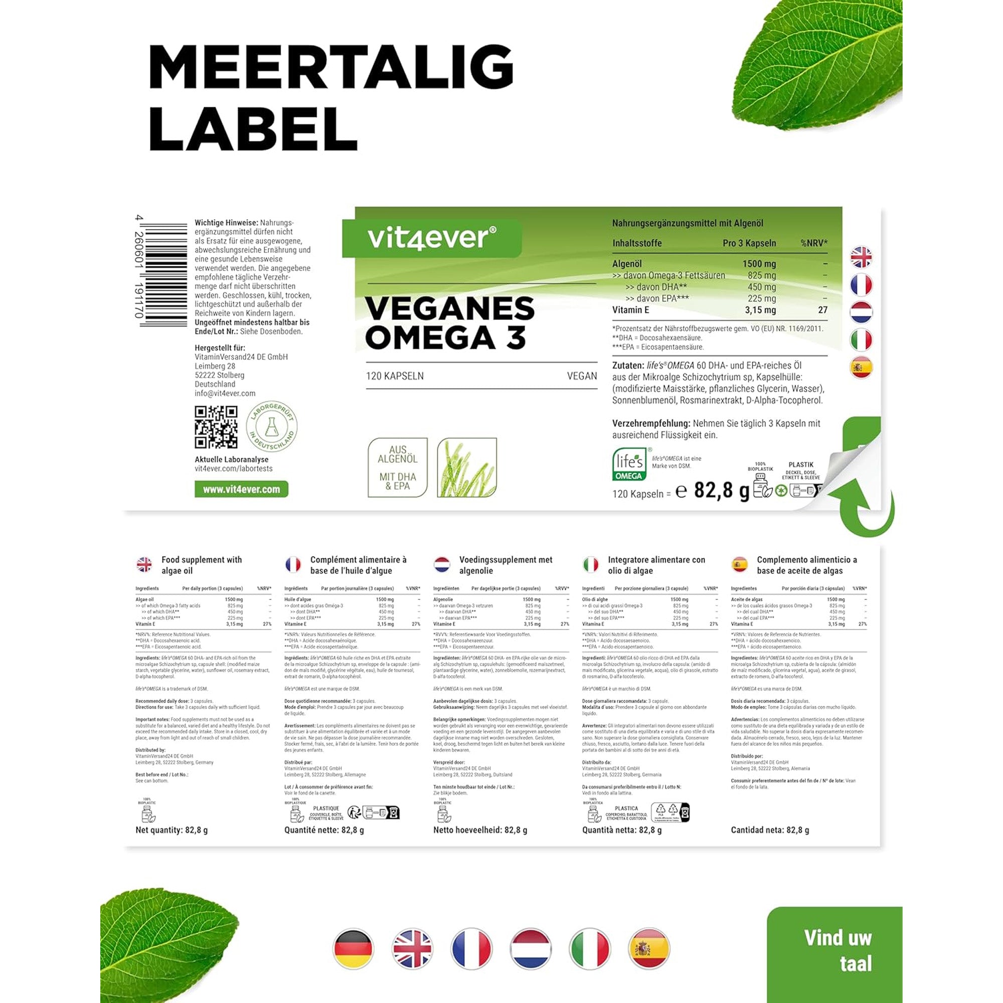Vegan Omega 3 uit Algen (DHA & EPA) 650mg | 90 of120 capsules | Vit4ever