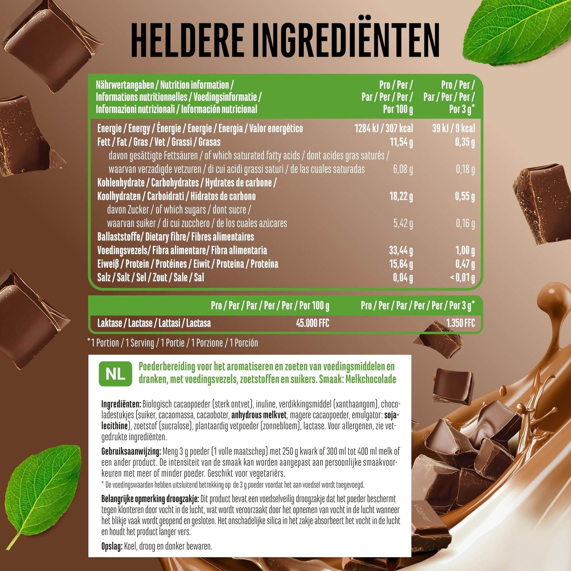 Voedingswaarden en ingrediënten Vit4ever Flavor Craft Melkchocolade smaakpoeder 250 g