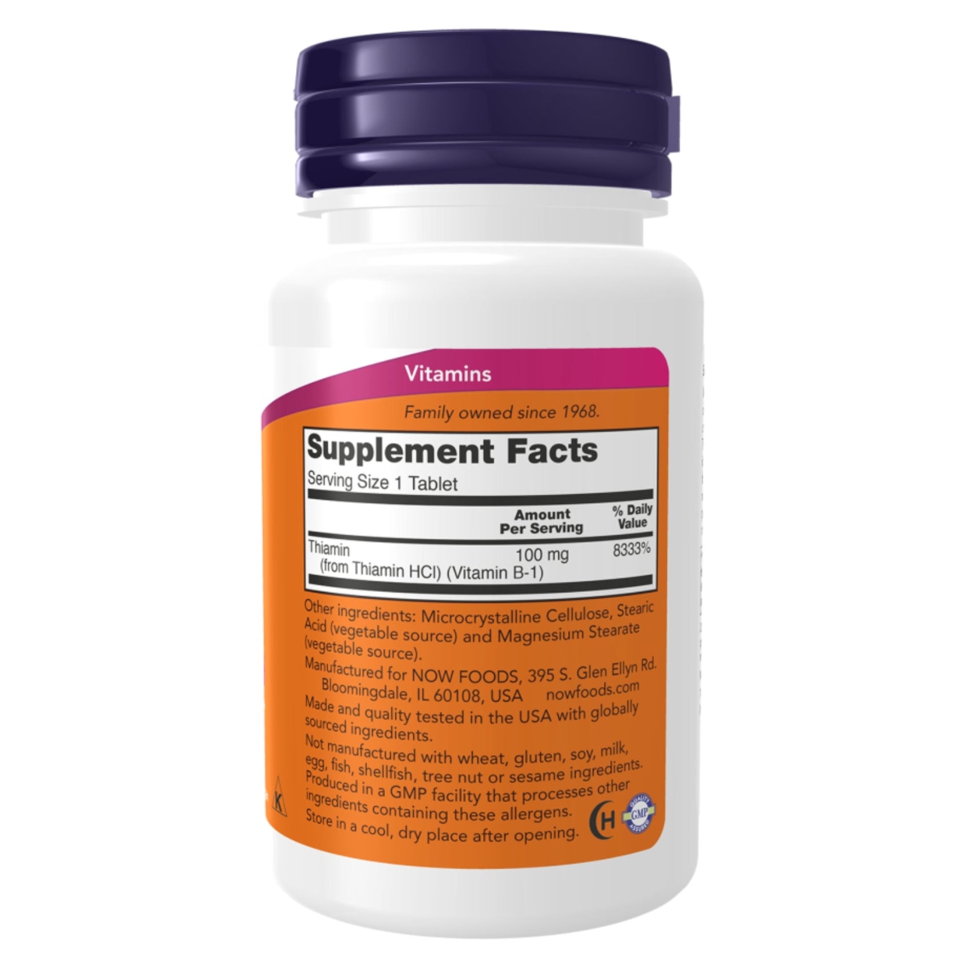 NOW Foods Vitamine B-1 supplement - etiket met voedingswaarden en ingrediënten