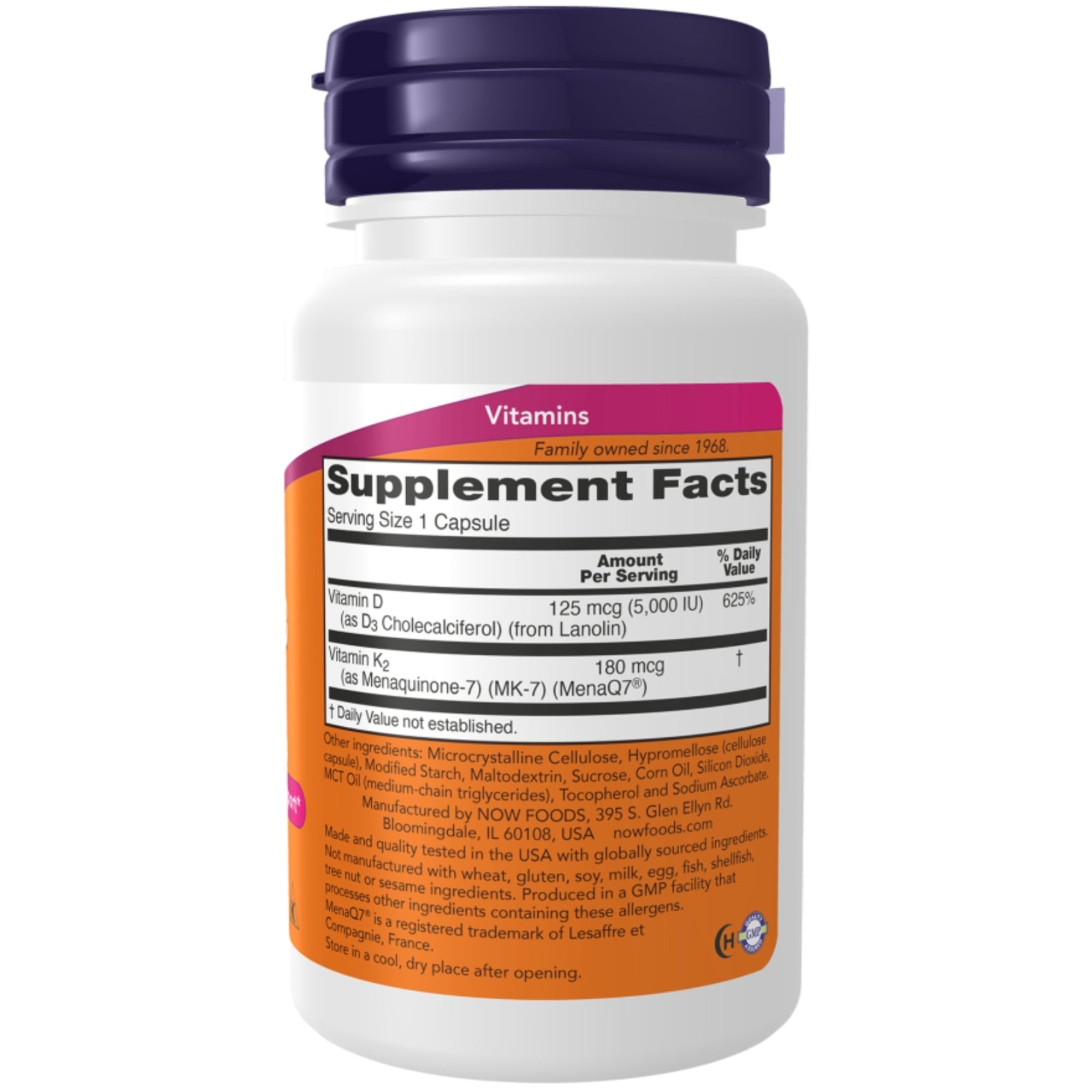 Mega D-3 & MK-7 | 5000 IE D3 + 180µg K2 | 60 Vcaps | NOW Foods