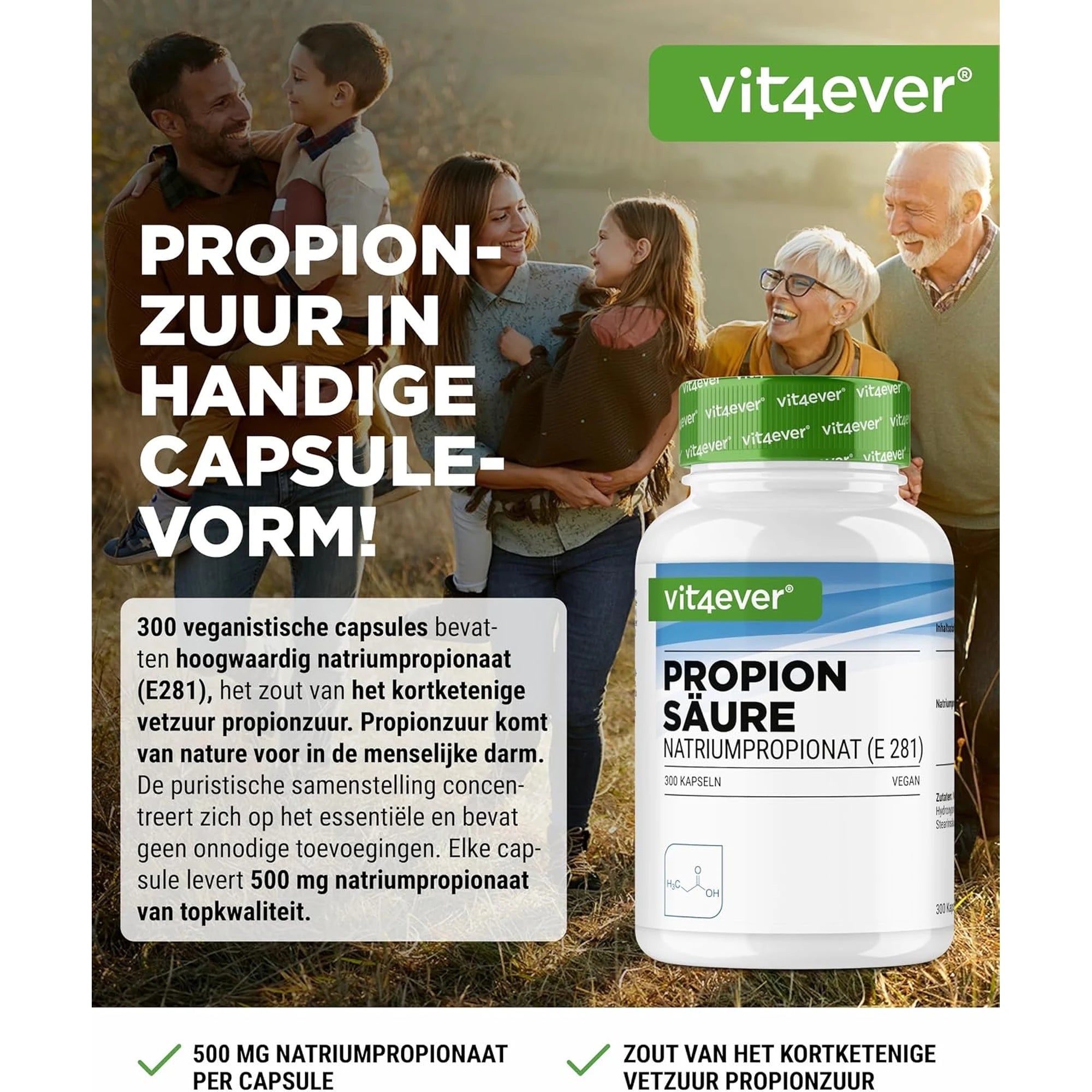 Propionzuur in capsulevorm, 500 mg natriumpropionaat per capsule