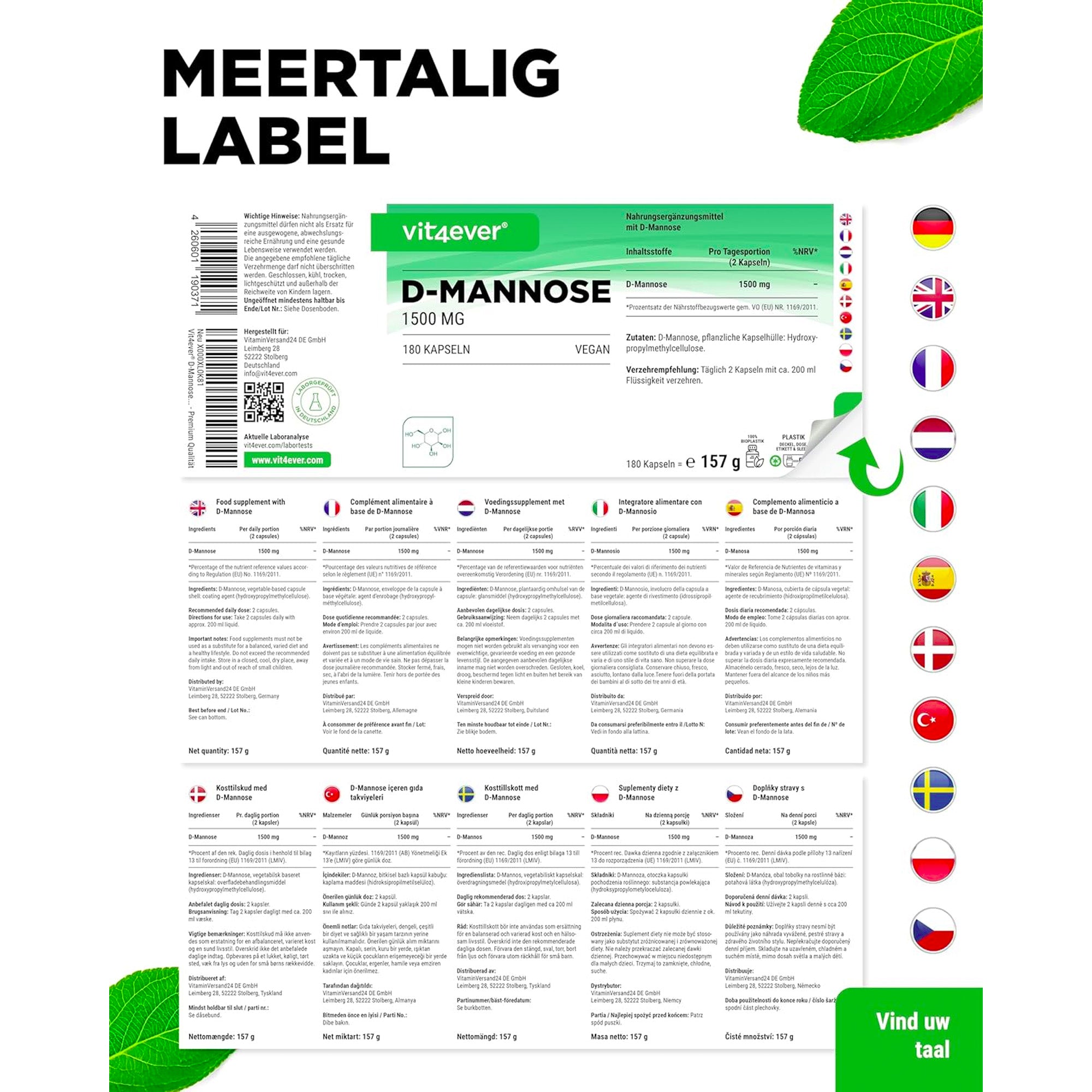 D-Mannose 1500mg | 180 capsules | Vit4ever