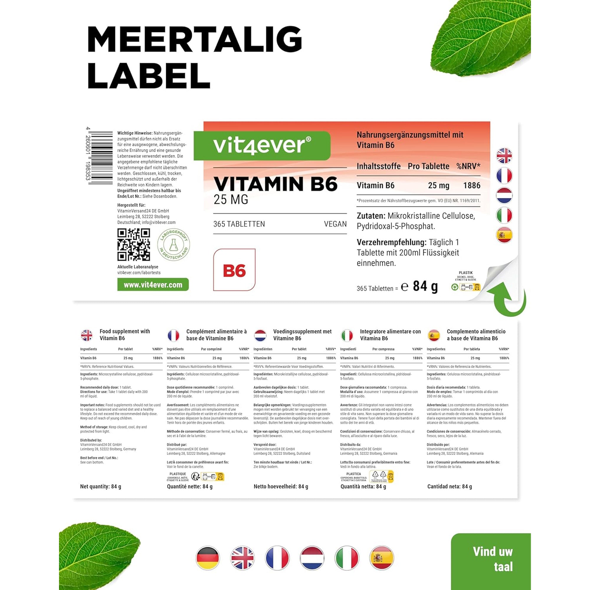 Vitamine B6 25mg | 365 tabletten | Vit4ever