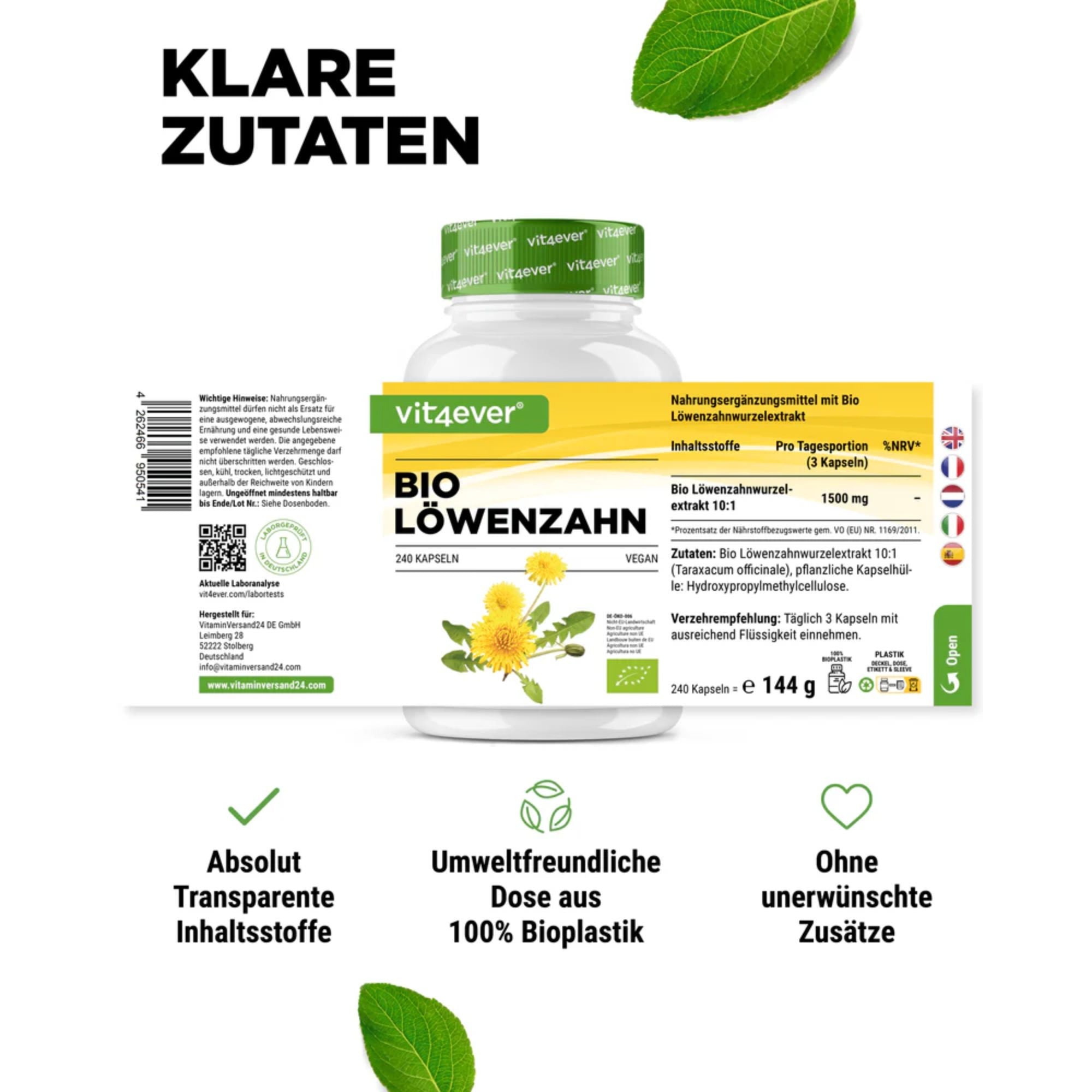 Vit4ever Bio Paardenbloemwortel Extract 10:1 - productverpakking