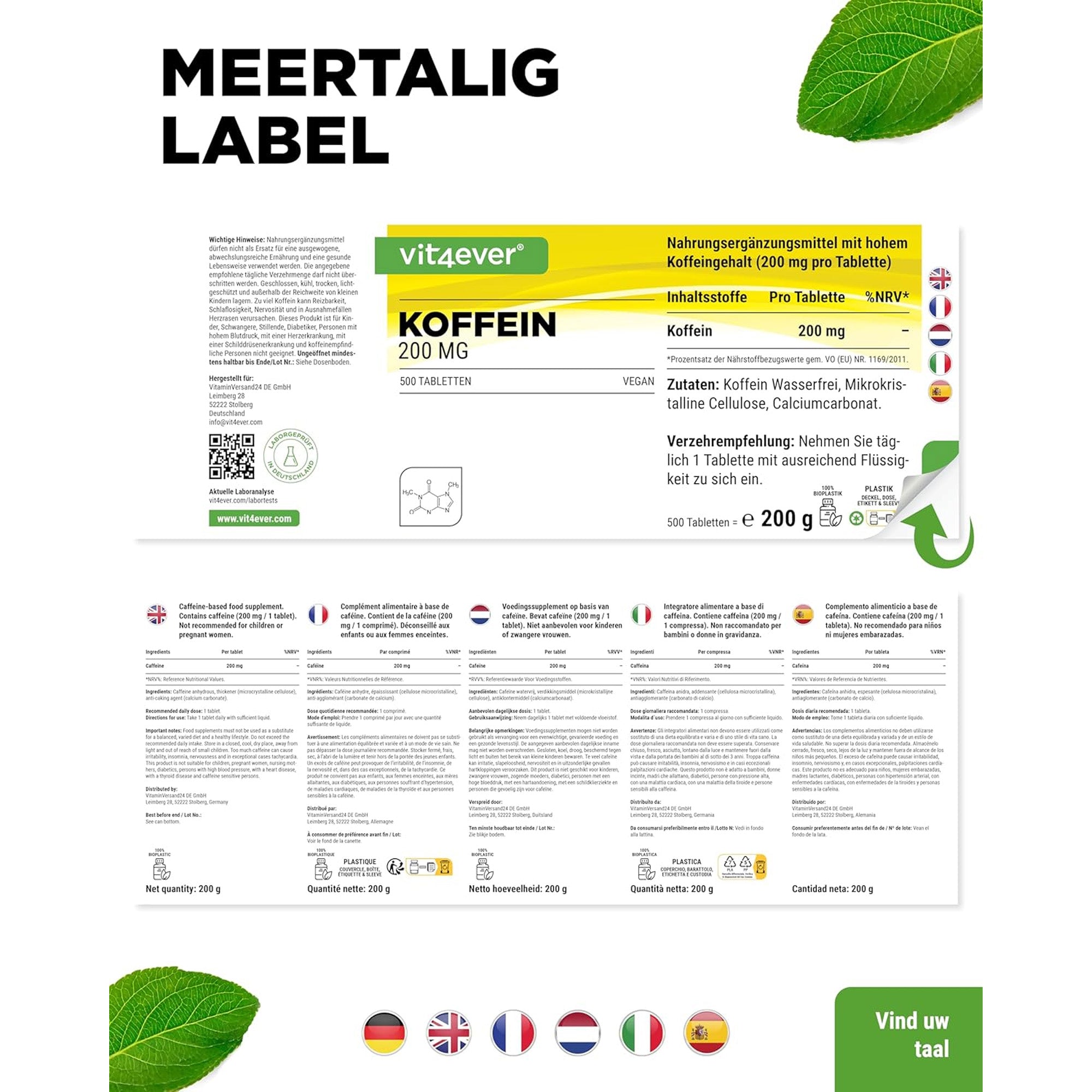 Koffeintabletten 200 mg | 500 Tabletten | Vit4ever