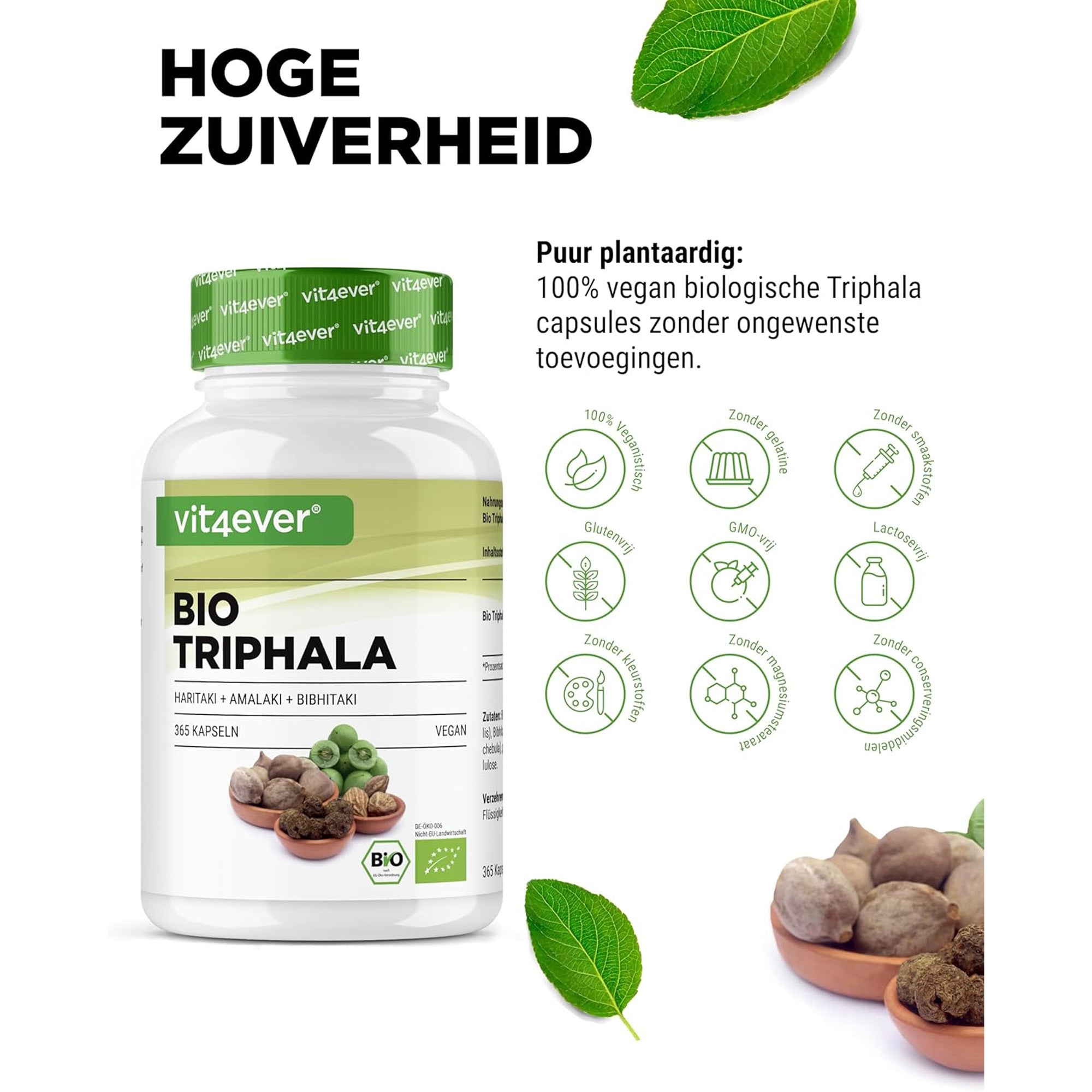 Bio Triphala uit de drie Myrobalane-vruchten Amalaki, Bibhitaki & Haritaki | 365 capsules | Vit4ever