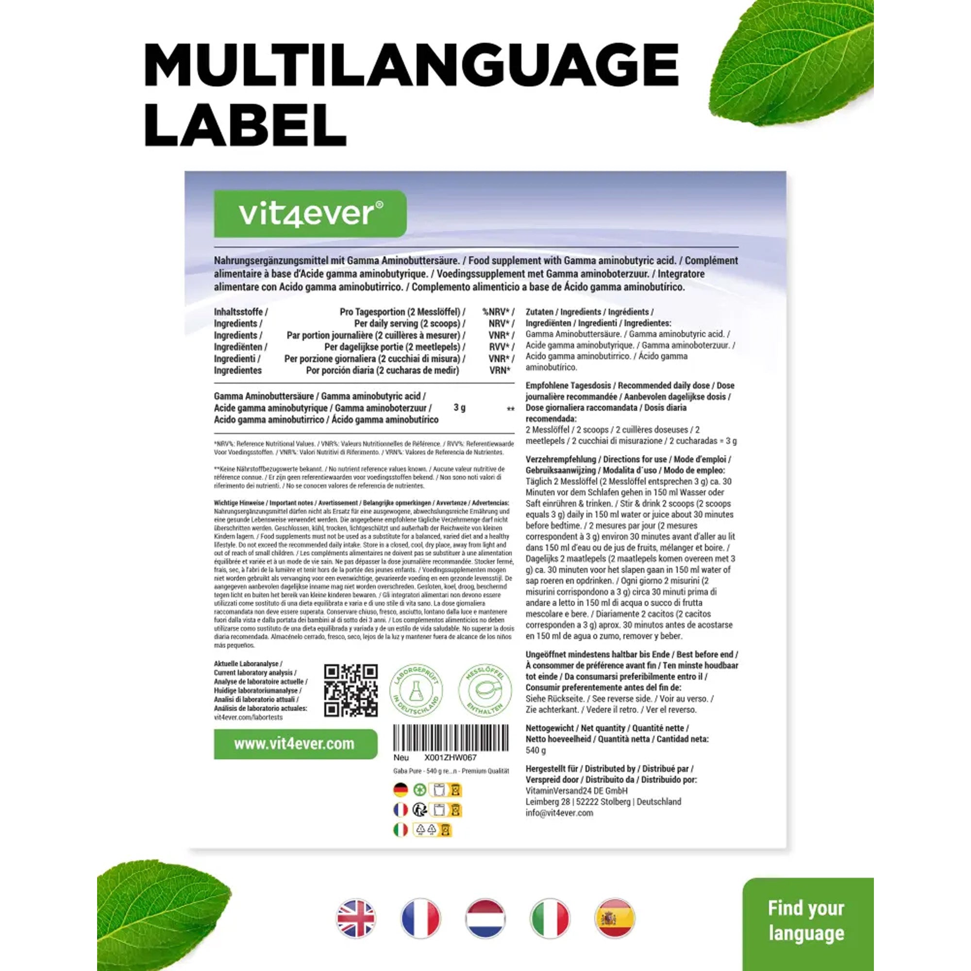 GABA Poeder (Gamma-Aminoboterzuur) 540 g | 180 porties | Vit4ever