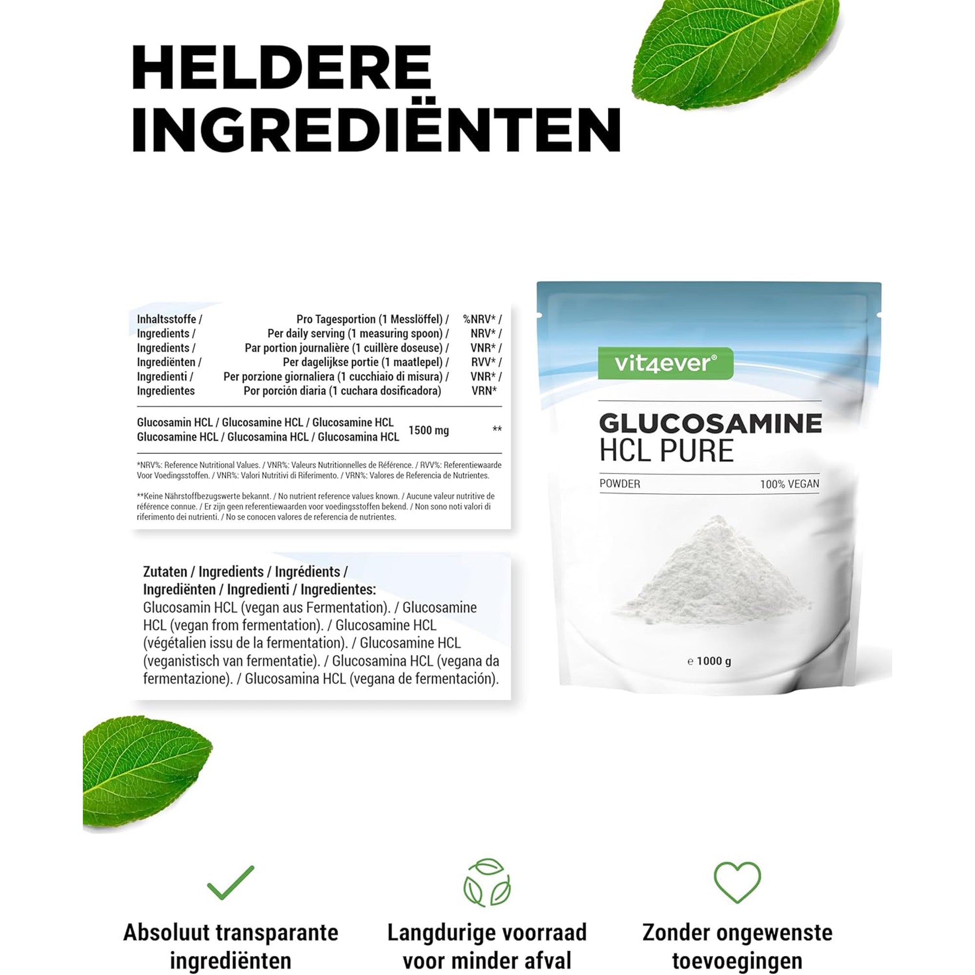 Glucosamine HCL Poeder 1500mg | 1 kg | Vit4ever