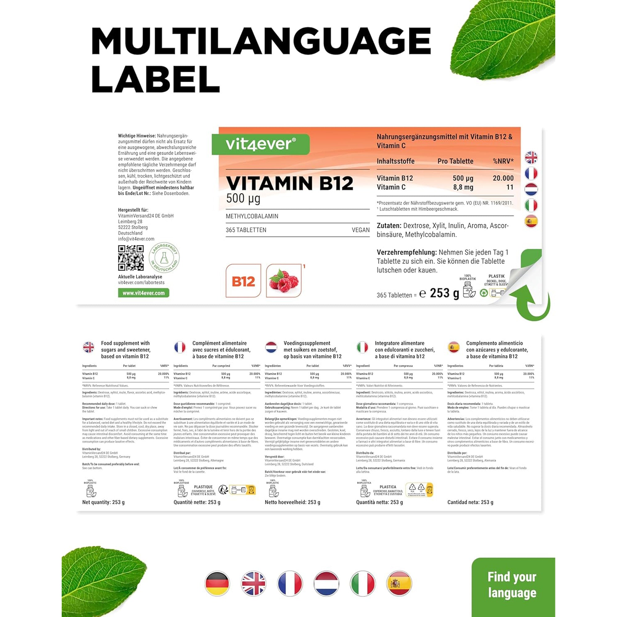 Vitamine B12 500 µg (Methylcobalamine) | 365 zuigtabletten | Vit4ever