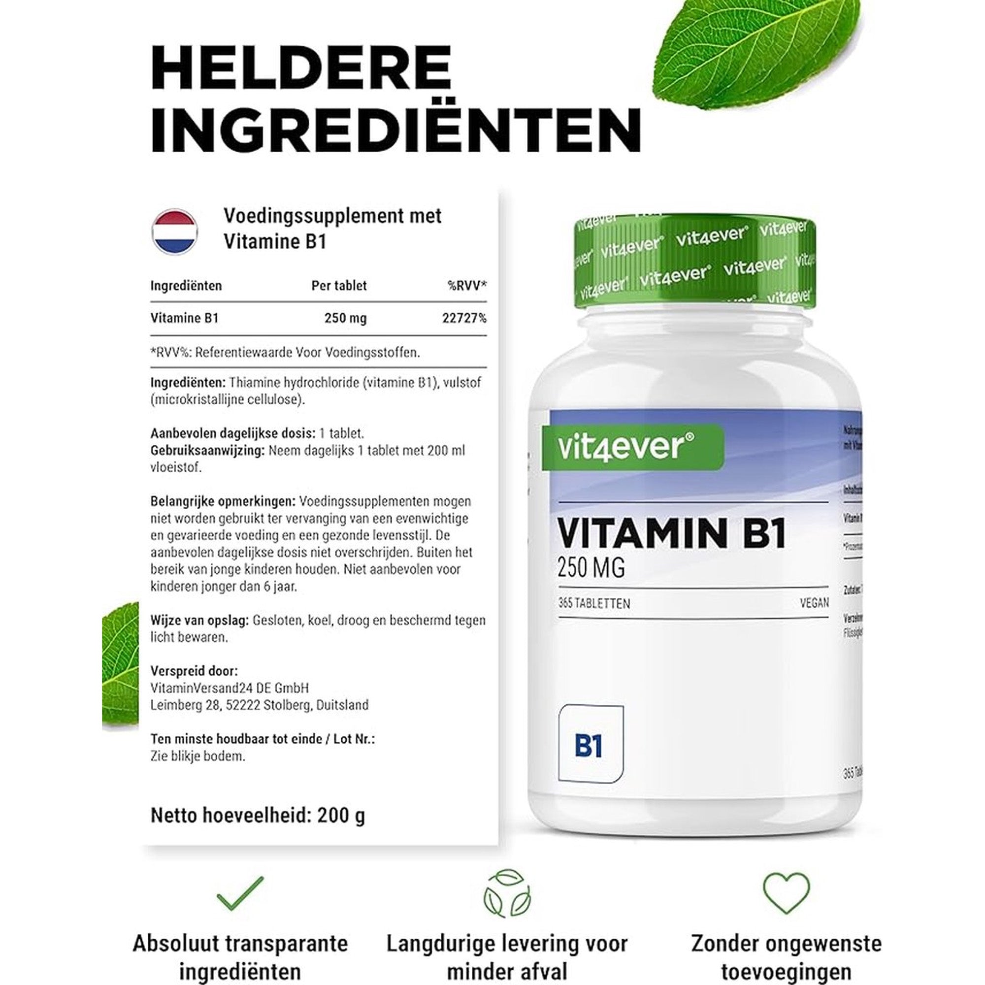 Vitamine B1 (Thiamine) 250mg | 365 Tabletten | Vit4ever