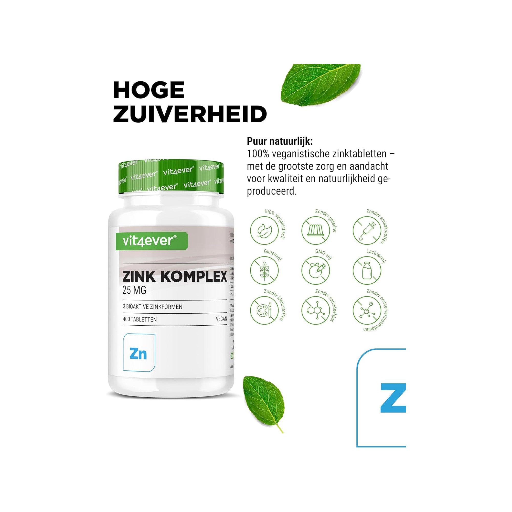 Vit4ever Zink Complex 25mg - hoge zuiverheid, 100% veganistisch