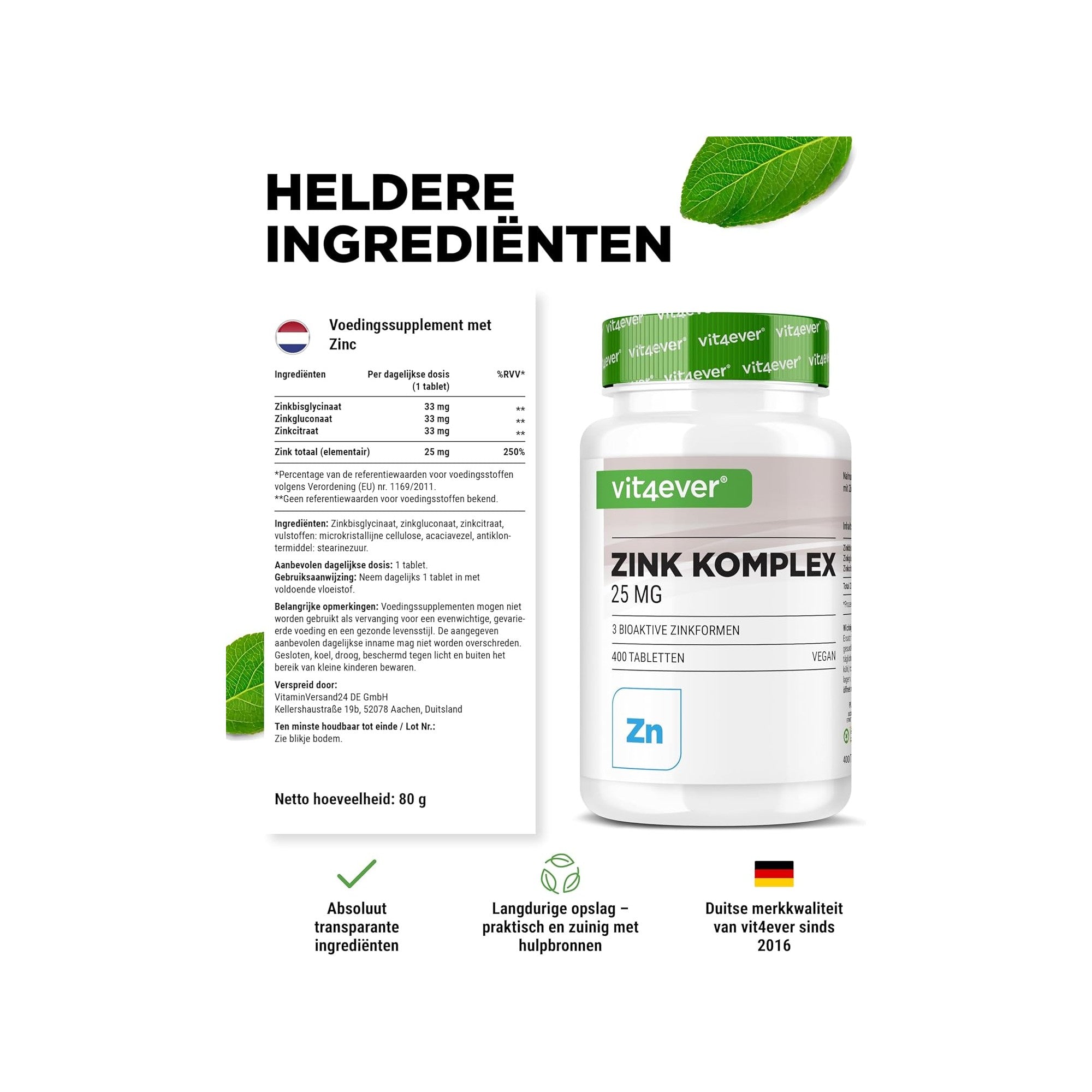 Vit4ever Zink Complex 25mg - heldere ingredienten en voedingswaarden