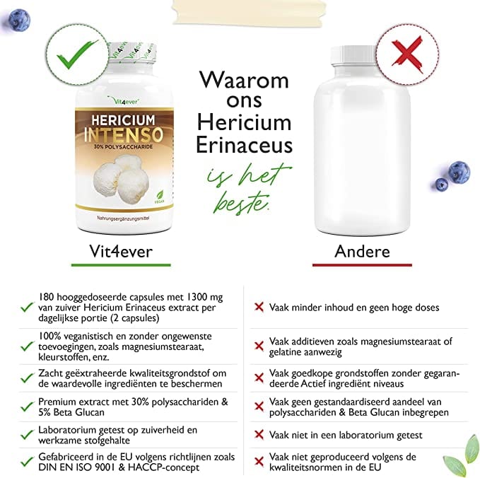 LET OP THT 02/26 Lion's mane (Hericium Erinaceus paddenstoel) 650mg | 180 capsules | Vit4ever