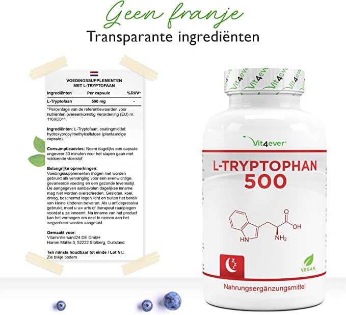 Vit4ever L-Tryptofaan (L-Tryptophan) 500mg | 365 capsules | Vit4ever