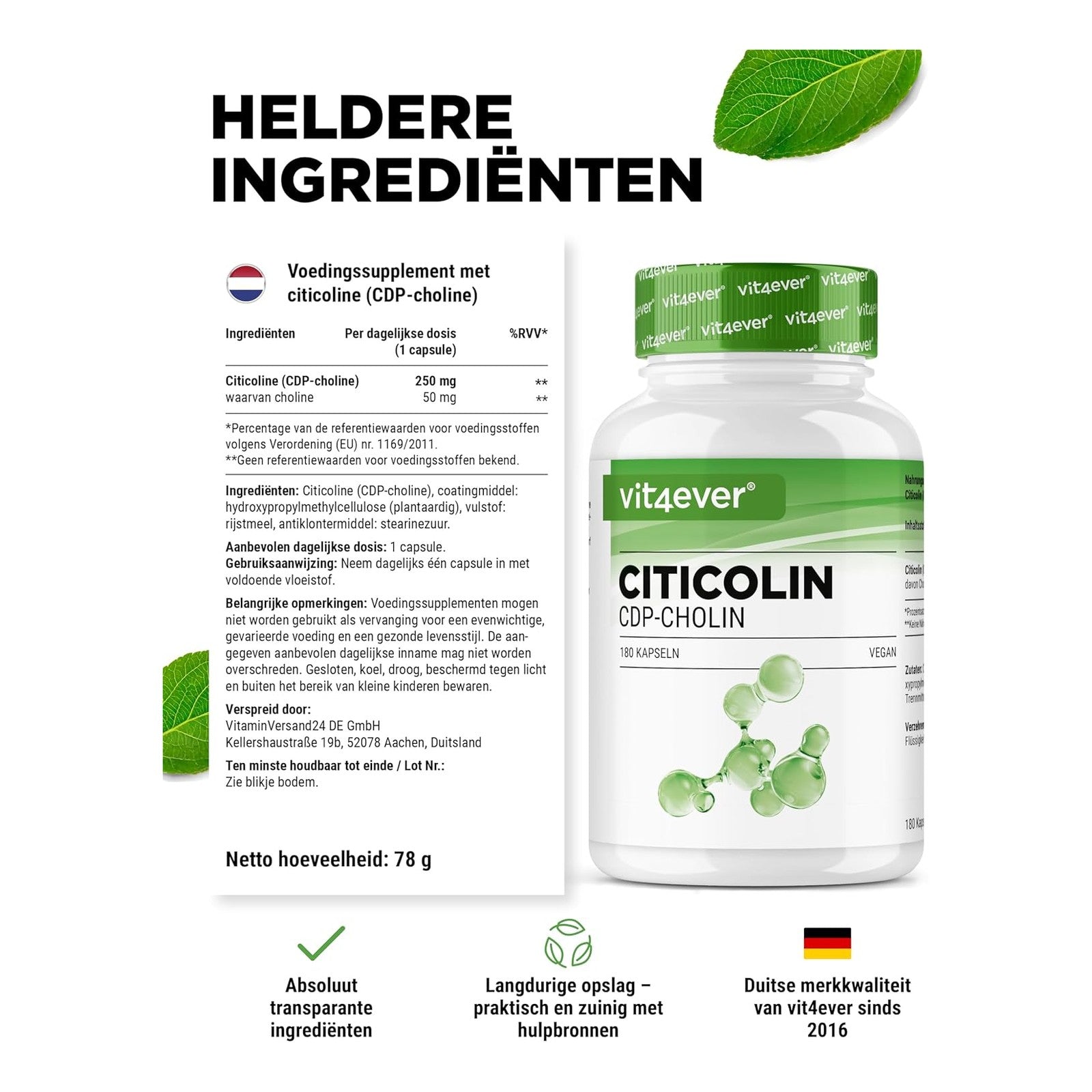 Citicoline CDP-choline ingredienten en voedingswaarden per capsule
