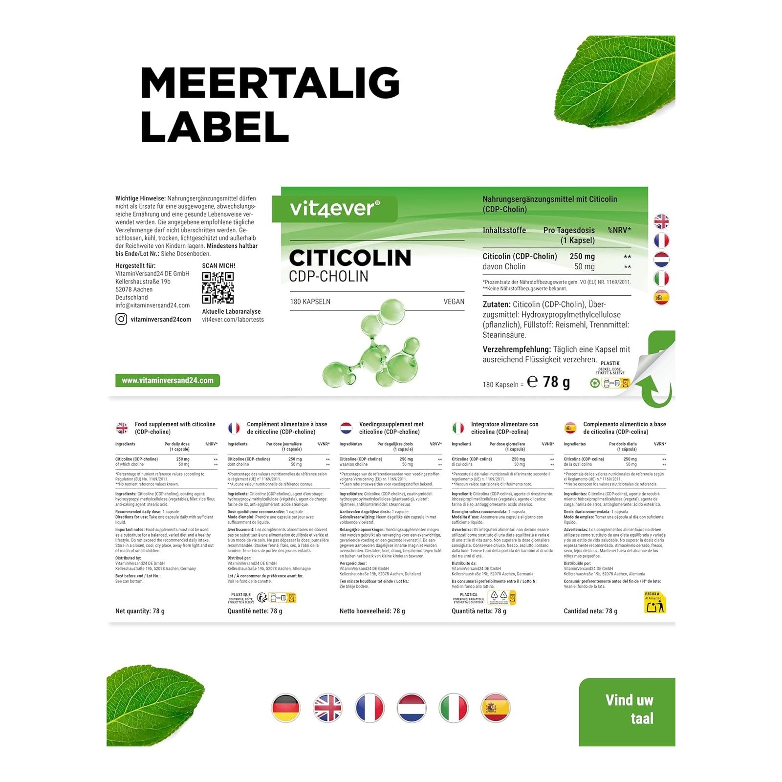 Vit4ever Citicoline meertalig etiket met ingredientenlijst