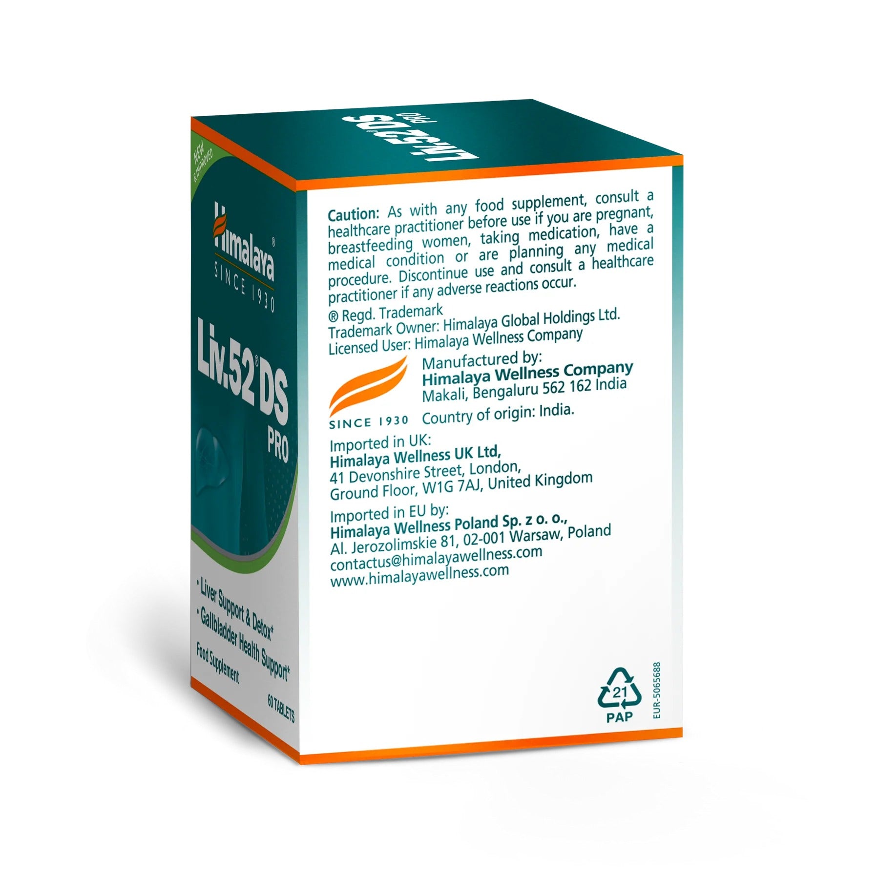 Liv.52 DS PRO fabrikant Himalaya Wellness en EU-importeur op de verpakking