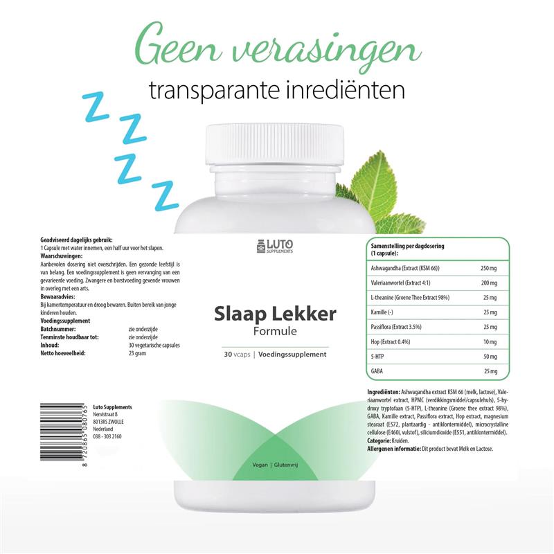 Slaap Lekker Formule | Ashwagandha, Valeriaan & L-theanine | 30 vegan capsules | LUTO Supplements