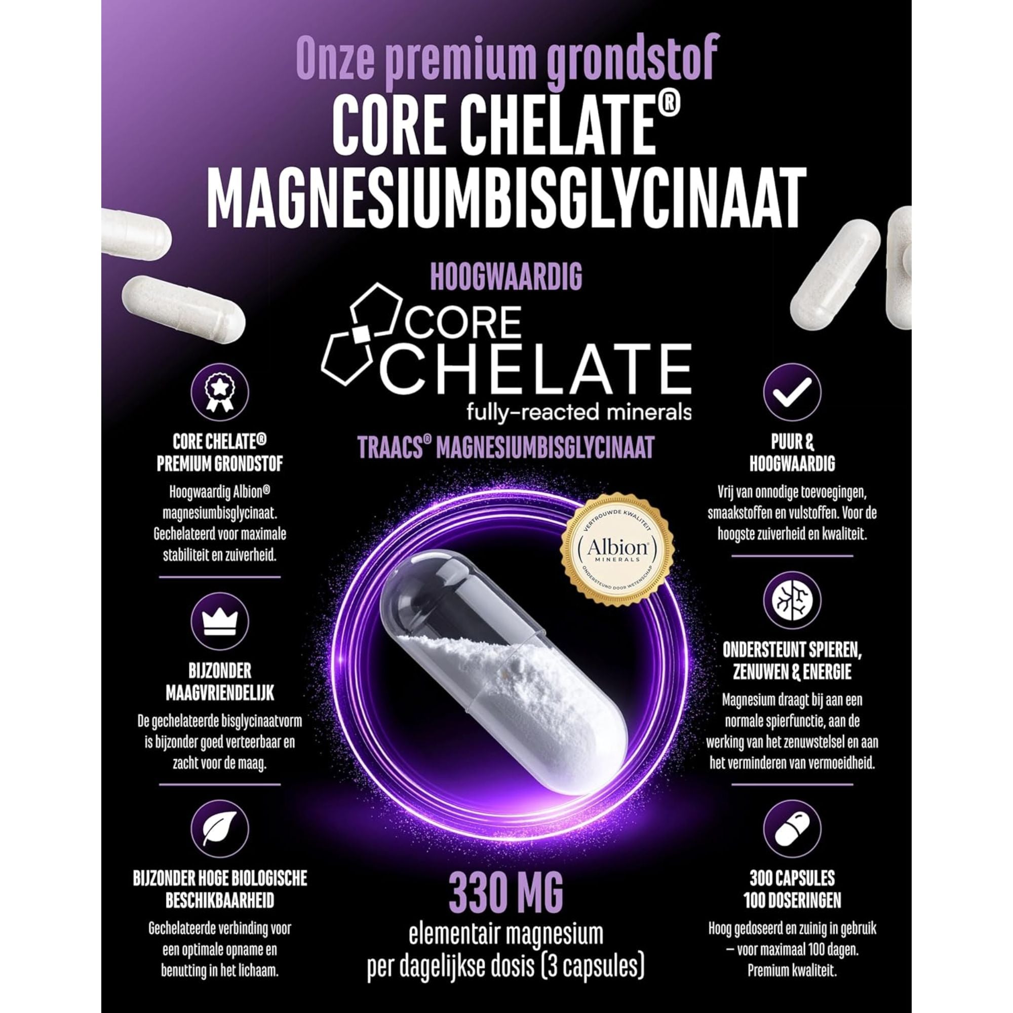 German Elite Nutrition Magnesium Bisglycinaat Core Chelate® 330mg - hooggedoseerd en 100% vegan