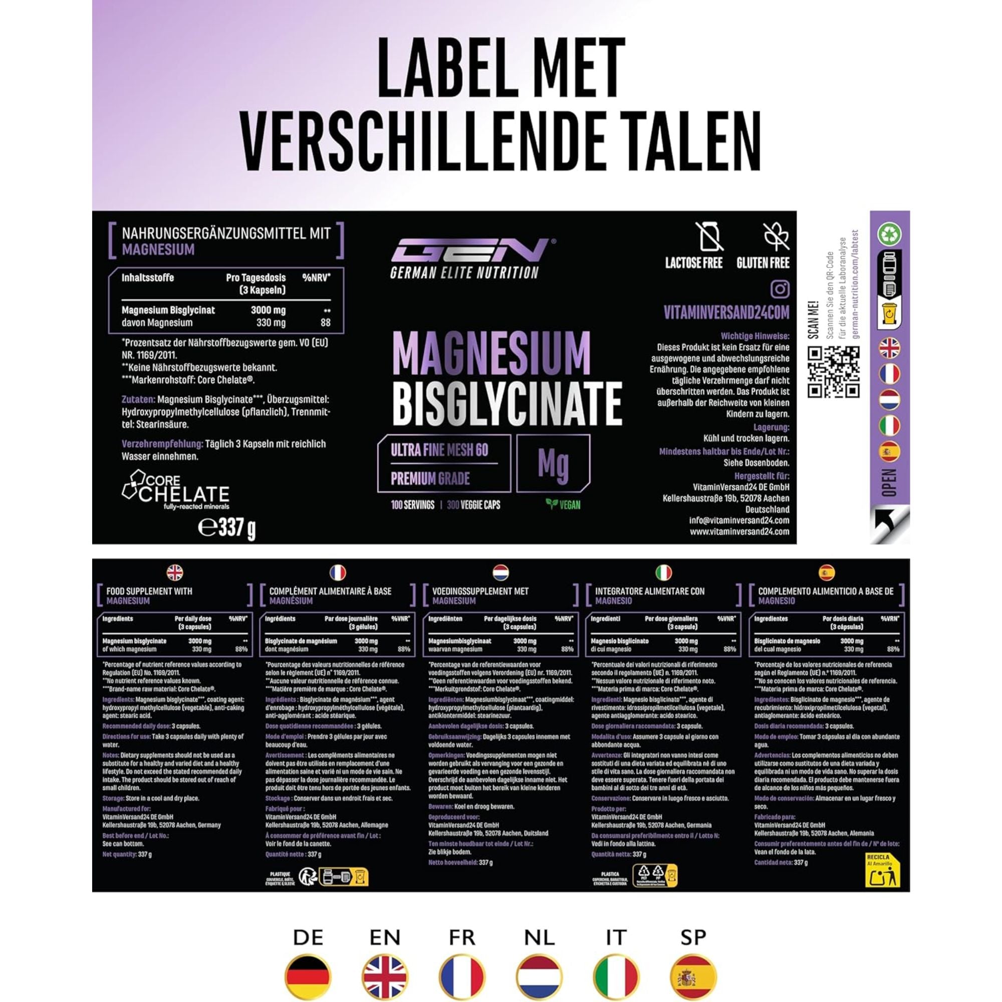 German Elite Nutrition Magnesium Bisglycinaat Core Chelate® 330mg - mineralensupplement van premium kwaliteit