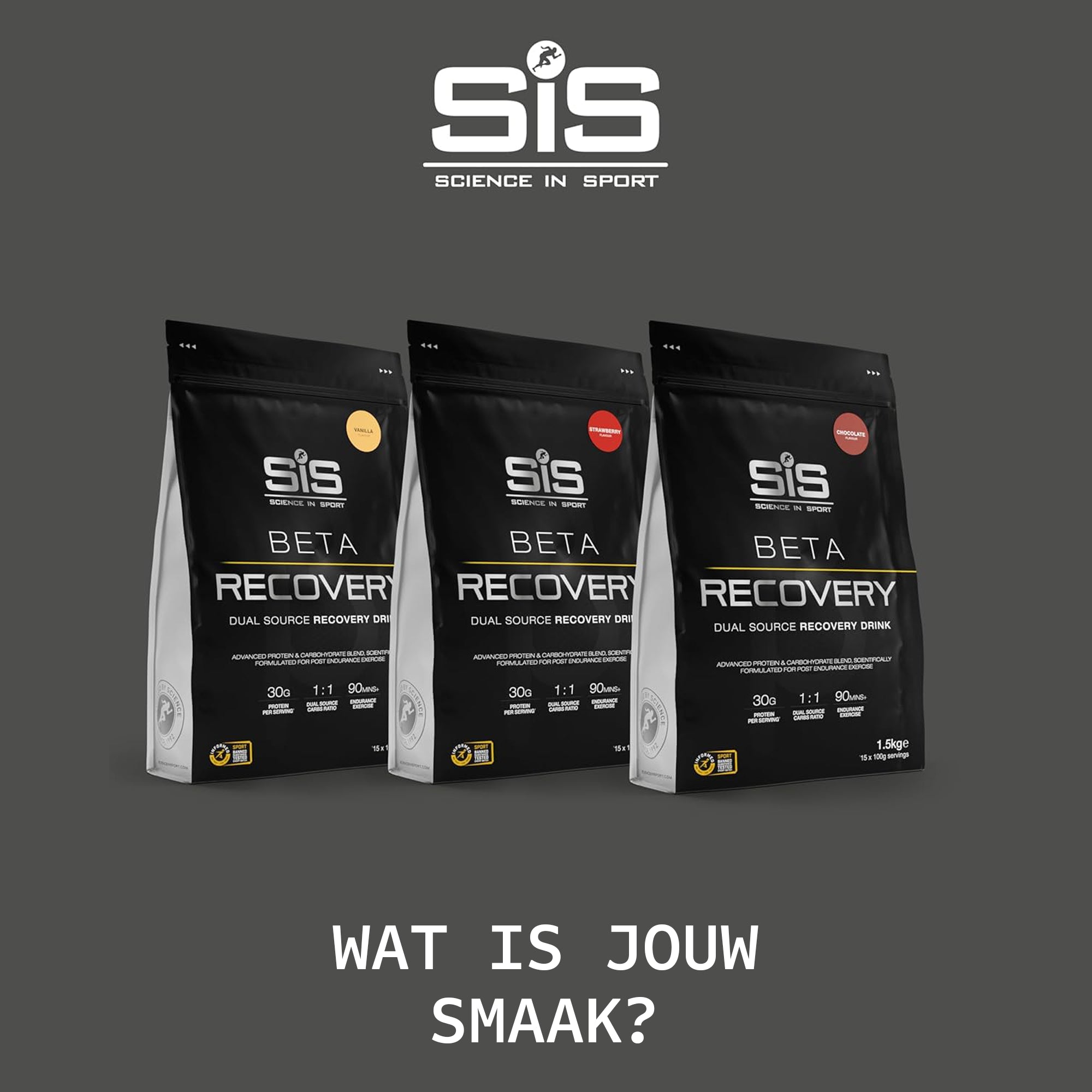 #Inhoud_1500g SiS BETA Recovery 1.5kg assortiment vanille aardbei en chocolade herstelshake voor duursporters
