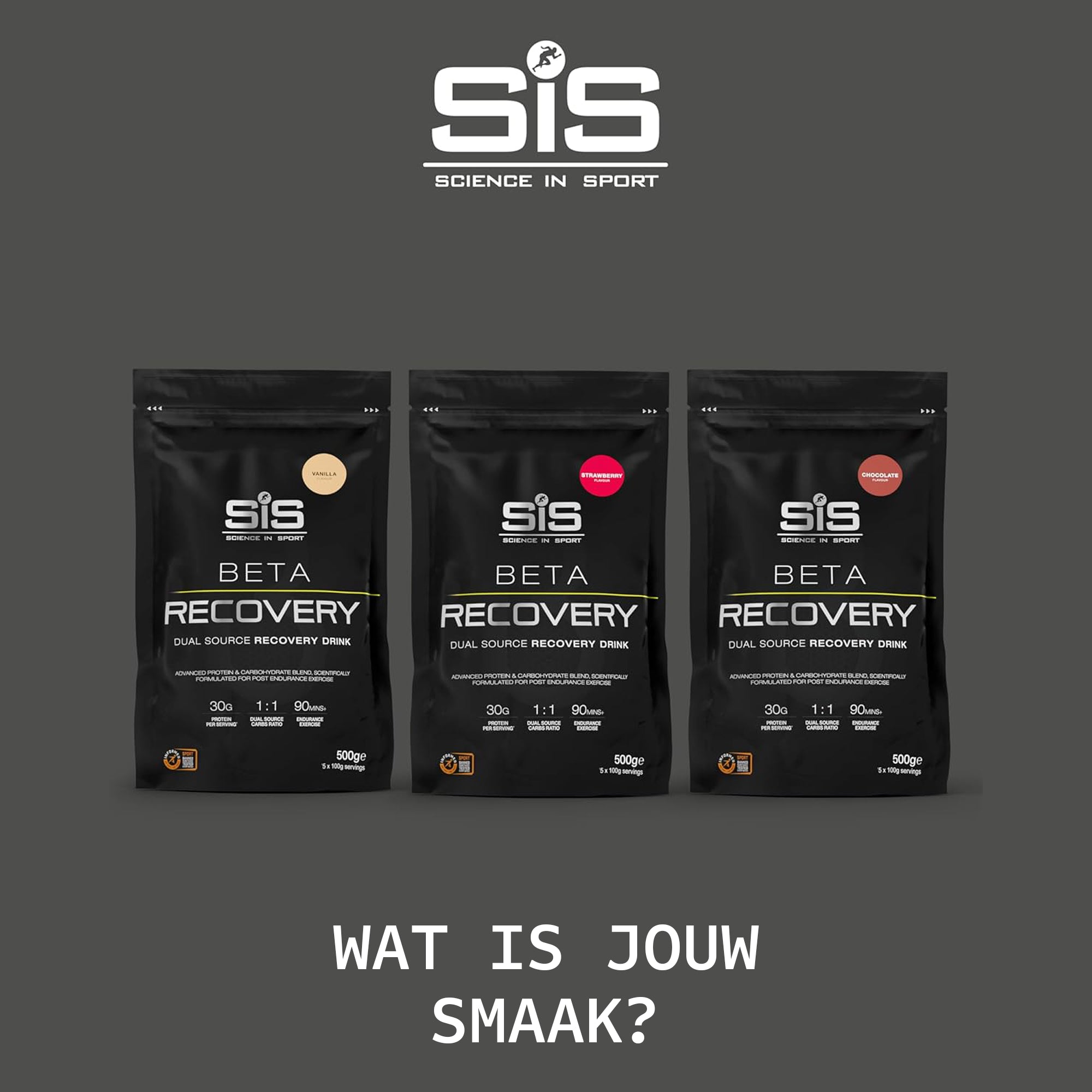 #Inhoud_500g SiS BETA Recovery 500g assortiment drie smaken vanille aardbei en chocolade herstelshake