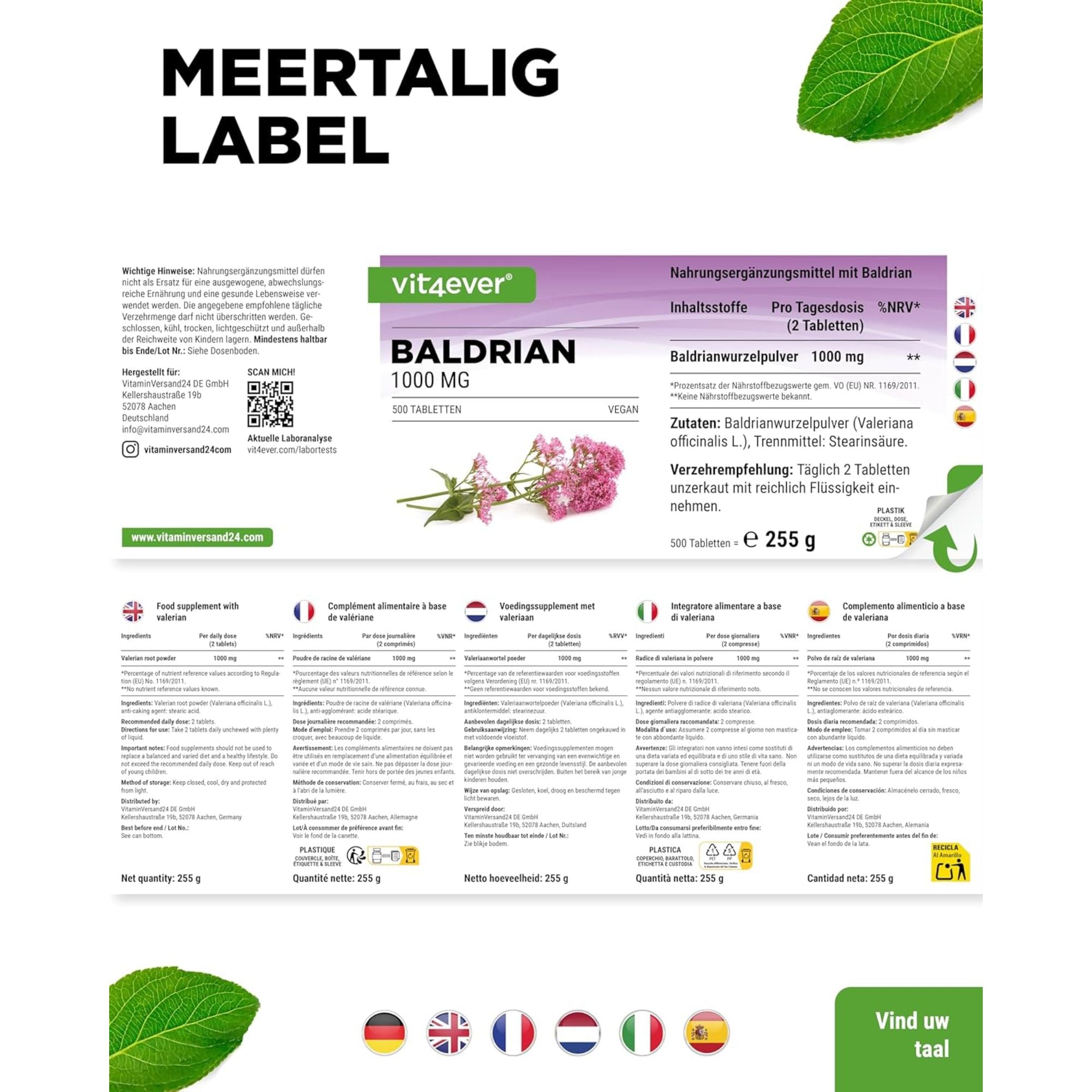 Valeriaan 500mg | 500 Tabletten | Vit4ever