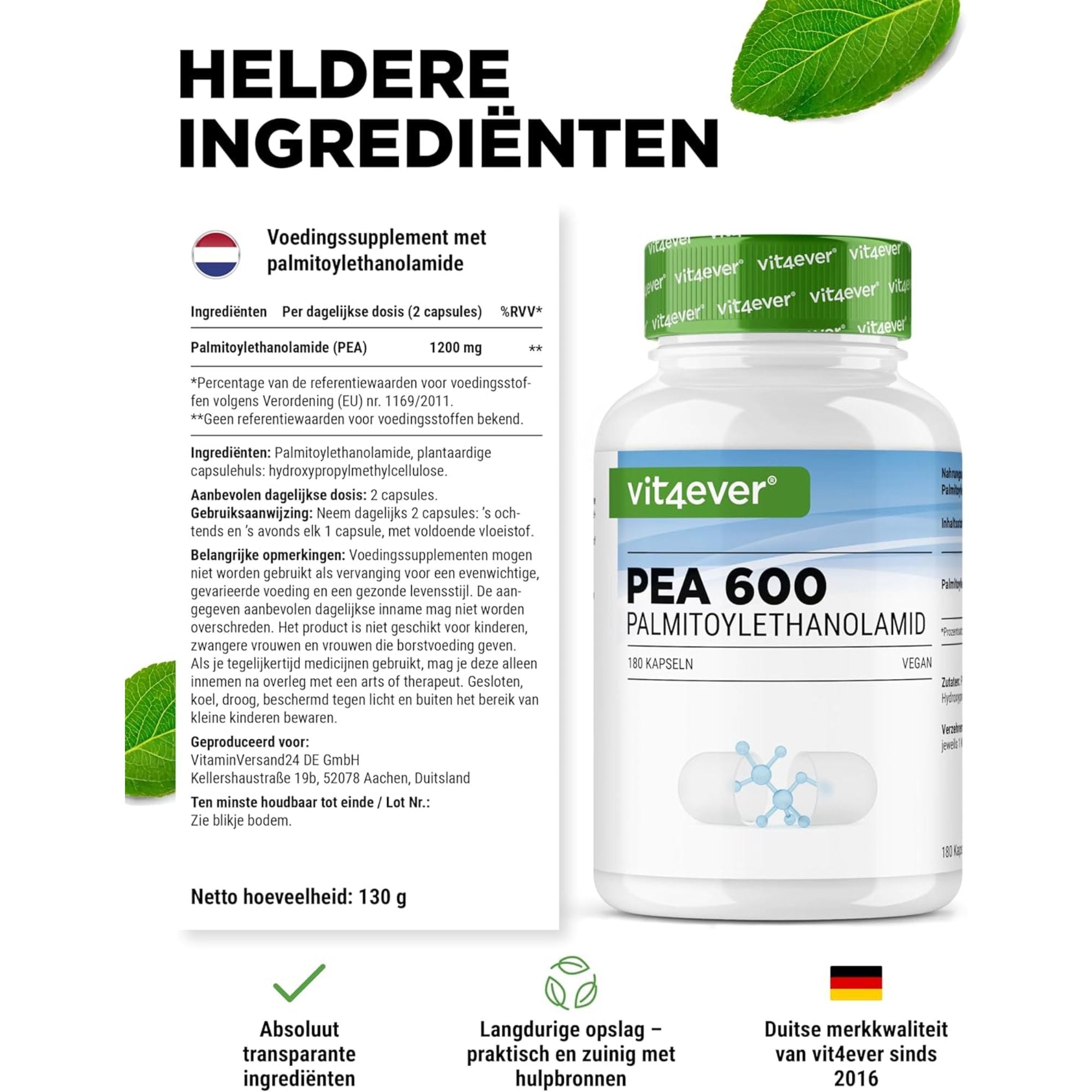 PEA 600 Palmitoylethanolamide | 180 Capsules | Vit4ever