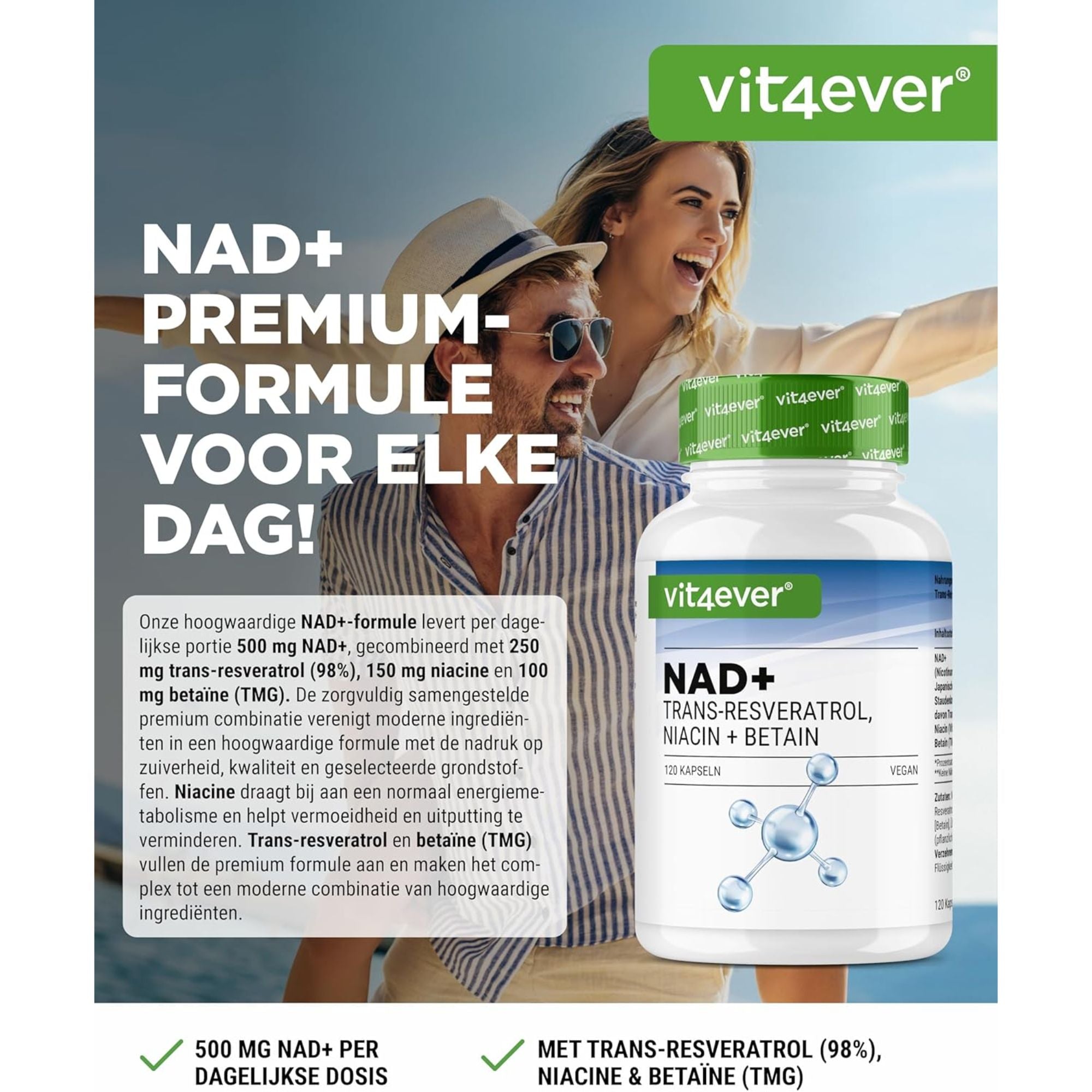 NAD+ met Trans-Resveratrol, Niacine & Betaïne | 120 Capsules | Vit4ever