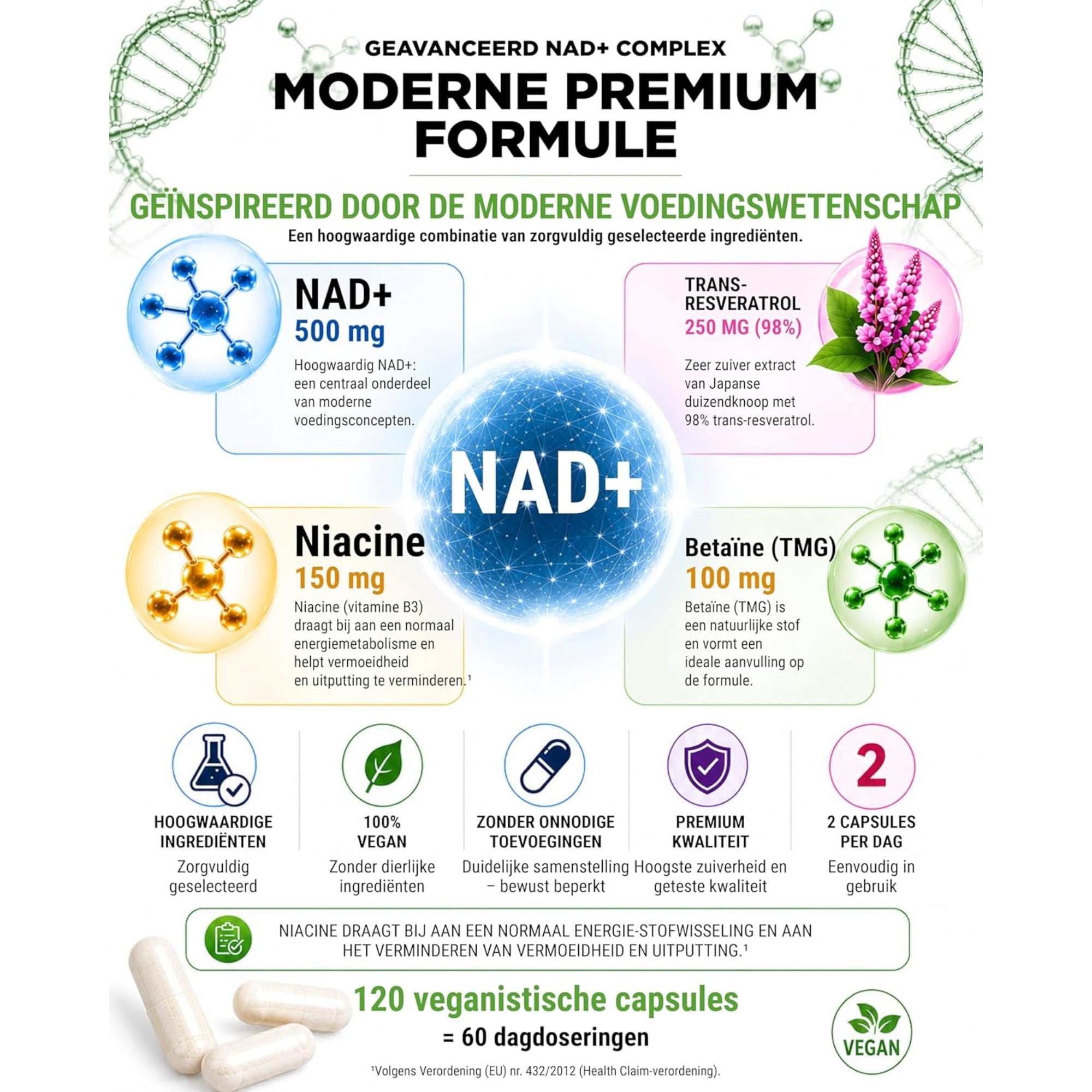 NAD+ met Trans-Resveratrol, Niacine & Betaïne | 120 Capsules | Vit4ever