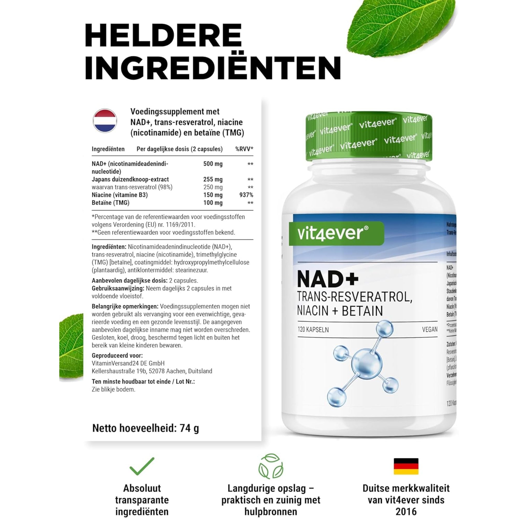 NAD+ met Trans-Resveratrol, Niacine & Betaïne | 120 Capsules | Vit4ever