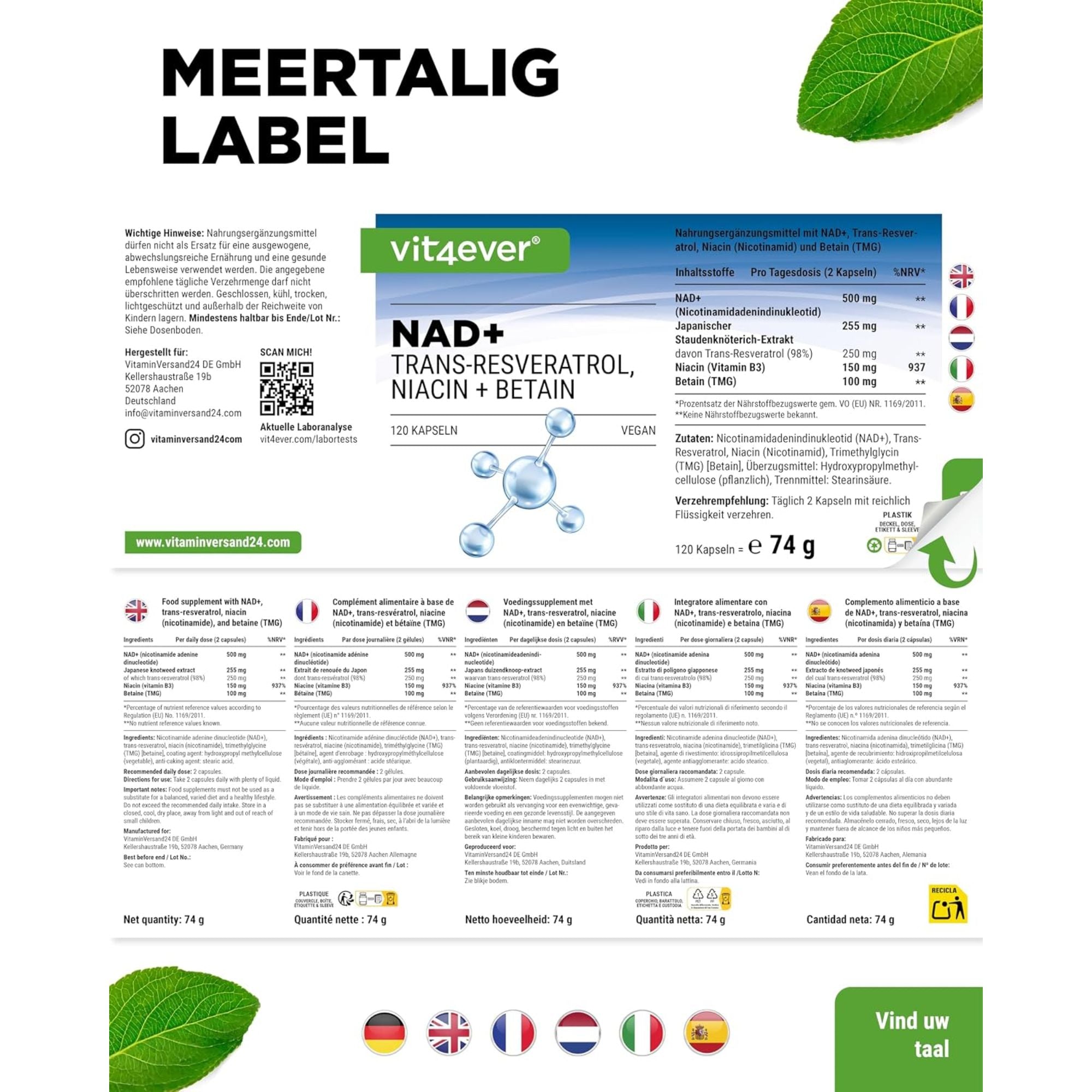 NAD+ met Trans-Resveratrol, Niacine & Betaïne | 120 Capsules | Vit4ever