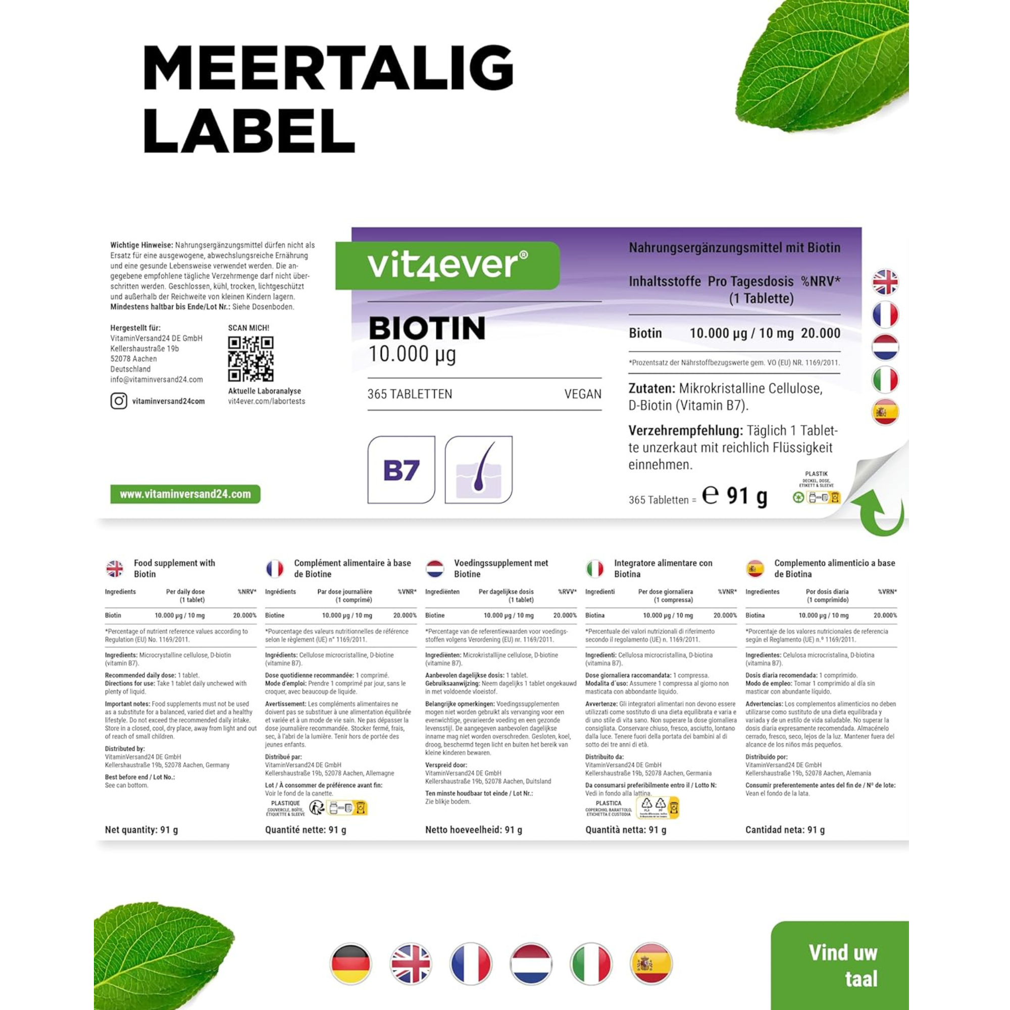 Biotine 10.000mcg | 365 tabletten | Vit4ever