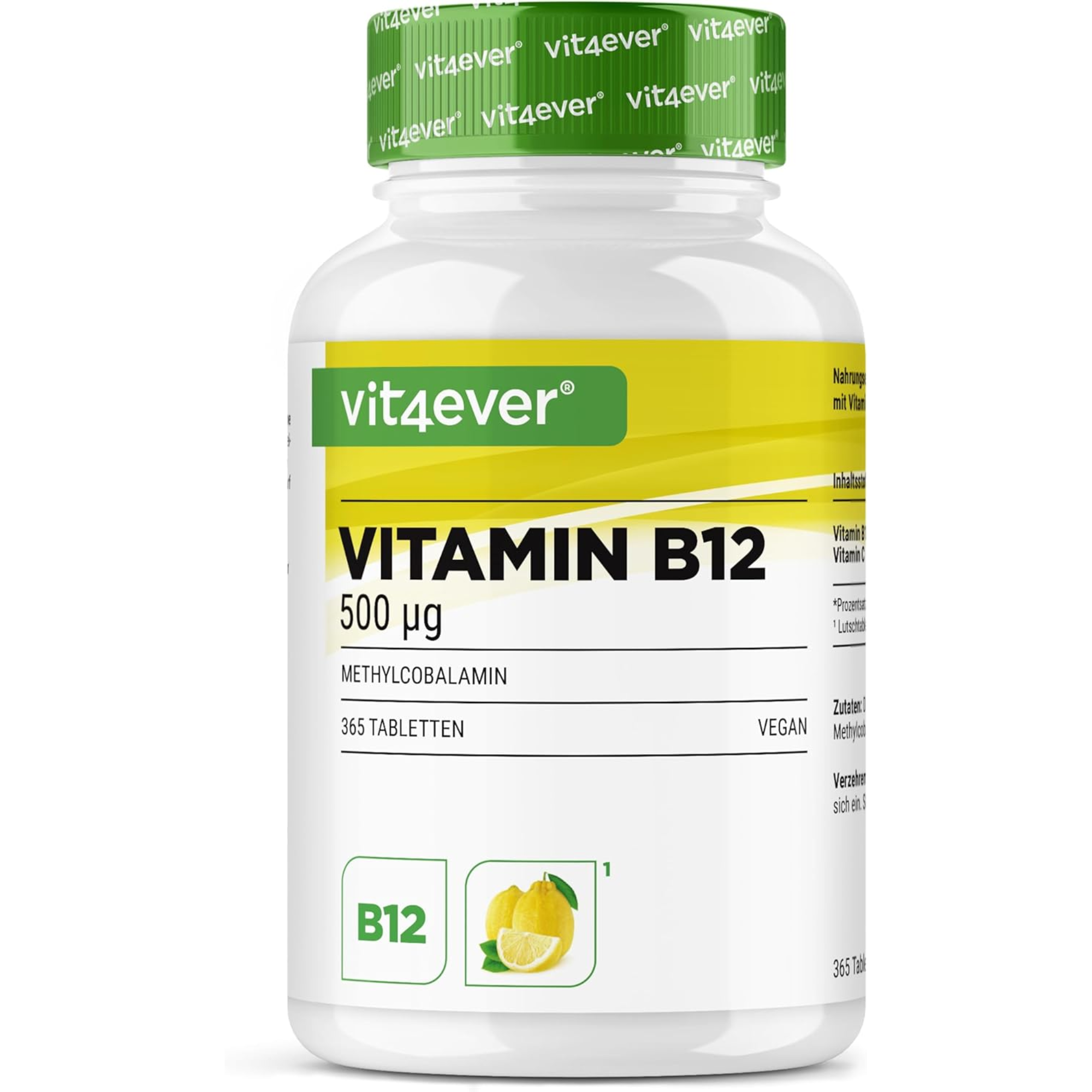 Vitamine B12 500µg Citroen (Methylcobalamine) | 365 Zuigtabletten | Vit4ever