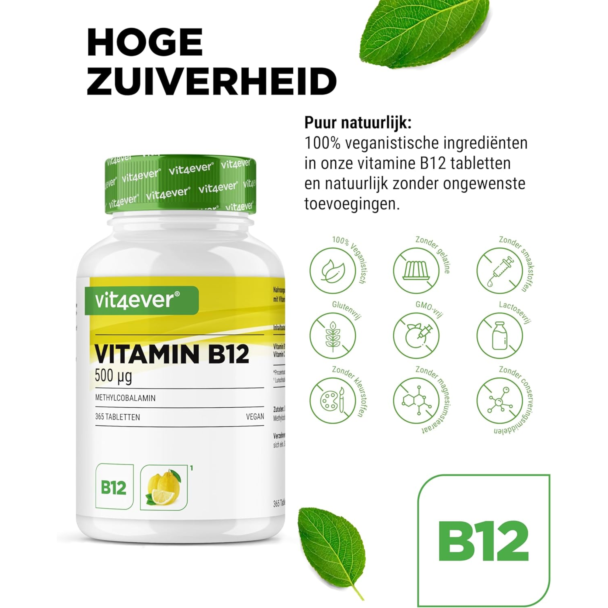 Vitamine B12 500µg Citroen (Methylcobalamine) | 365 Zuigtabletten | Vit4ever