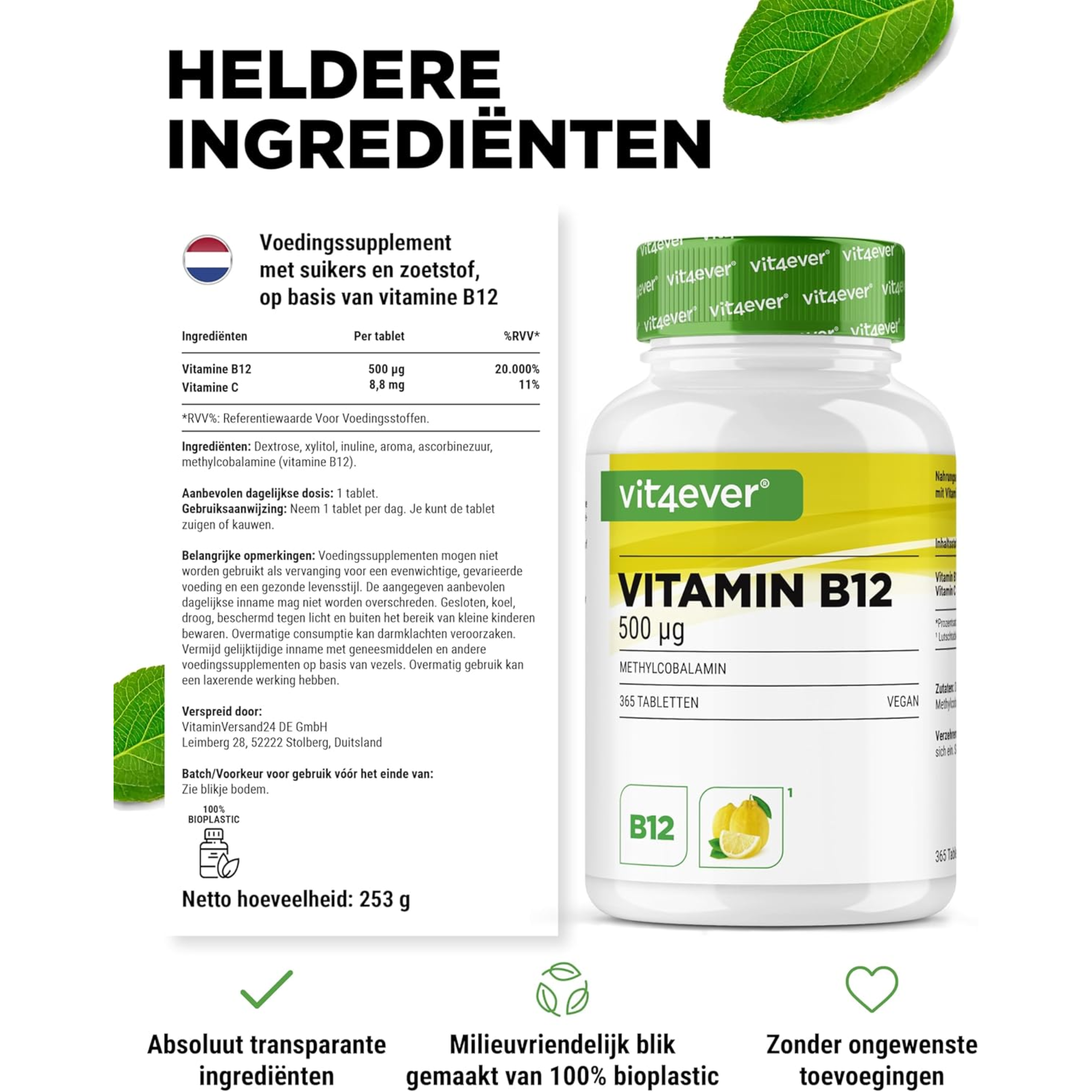 Vitamine B12 500µg Citroen (Methylcobalamine) | 365 Zuigtabletten | Vit4ever