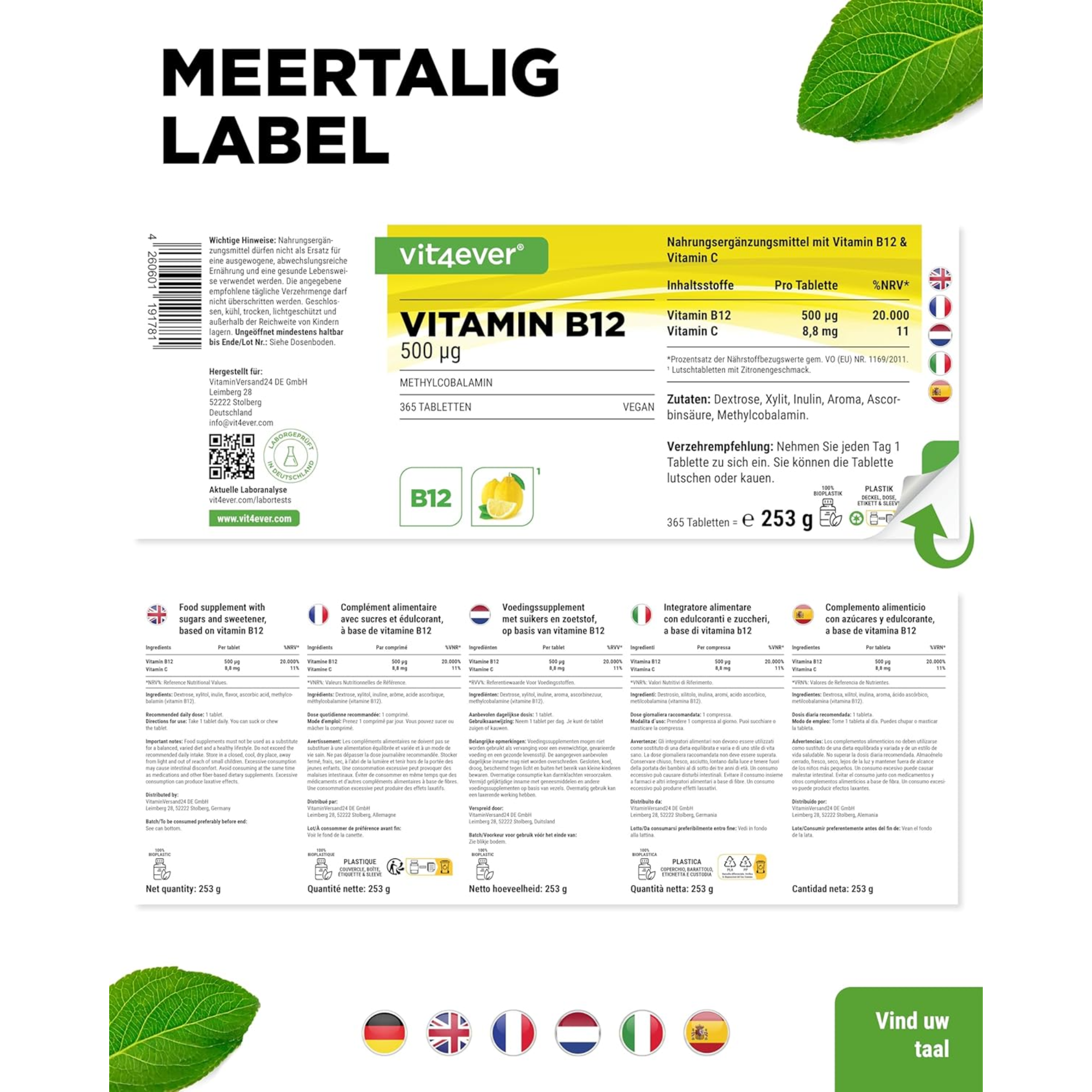 Vitamine B12 500µg Citroen (Methylcobalamine) | 365 Zuigtabletten | Vit4ever