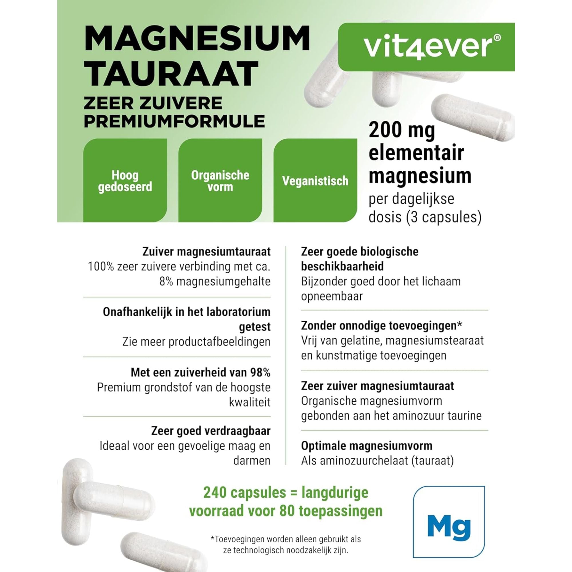 Vit4ever Magnesiumtauraat 200mg - hooggedoseerd en 100% vegan