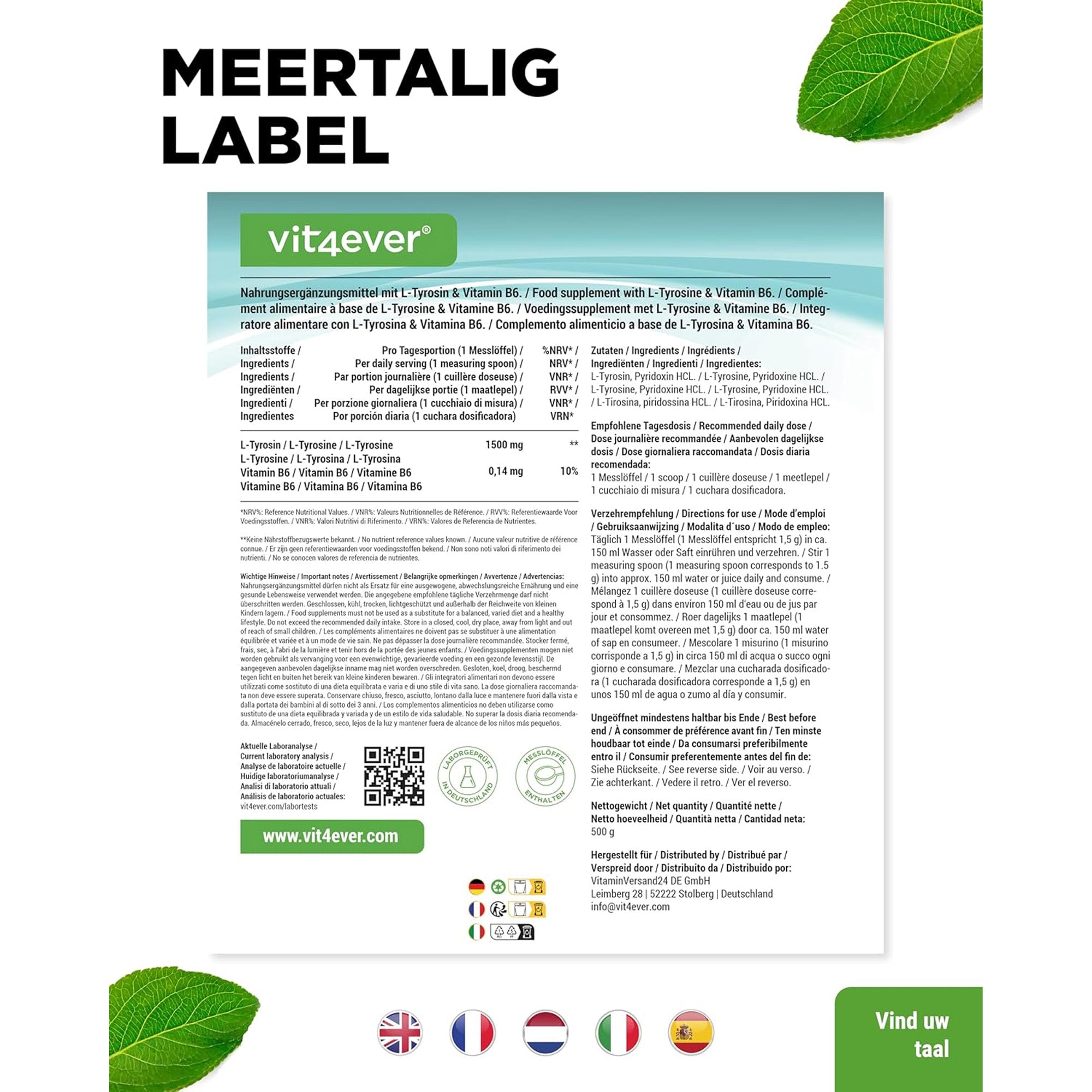 L-Tyrosine Pure Poeder 500g | Vit4ever