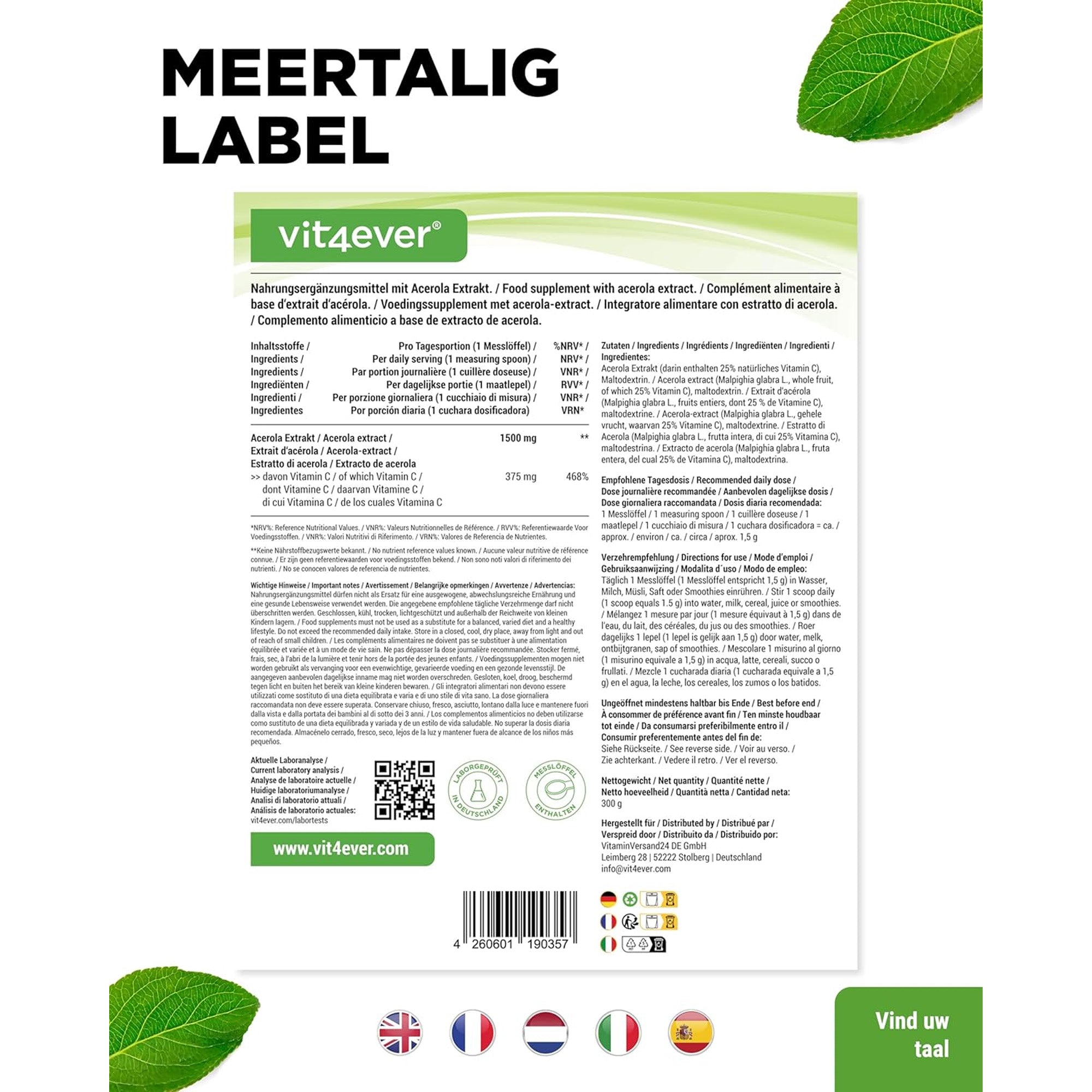 Acerola Poeder  natuurlijk vitamine C – 300g |Vit4ever