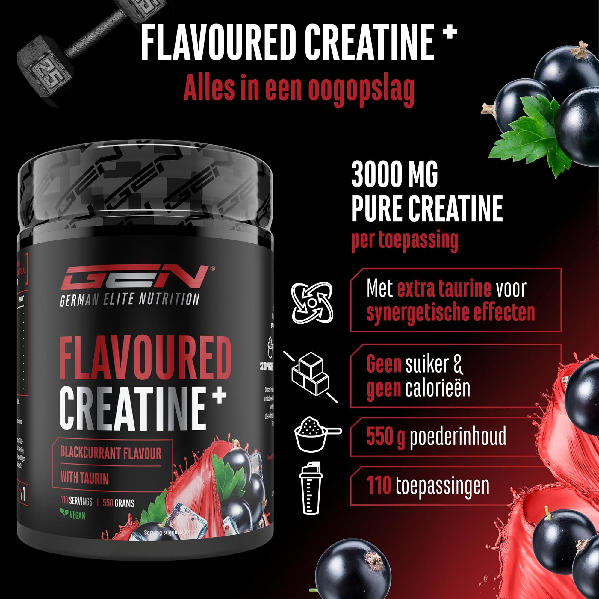 German Elite Nutrition Flavoured Creatine+ Zwarte bes 550 g - sportsupplement zonder onnodige toevoegingen